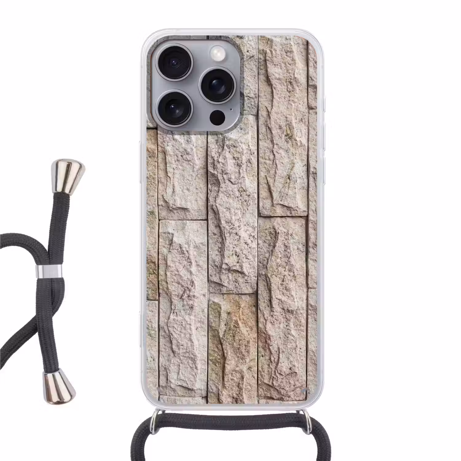 Muur - Steen - Ruw - Beige - Textuur Hoesje iPhone 16 Pro Max met koord klein -3d