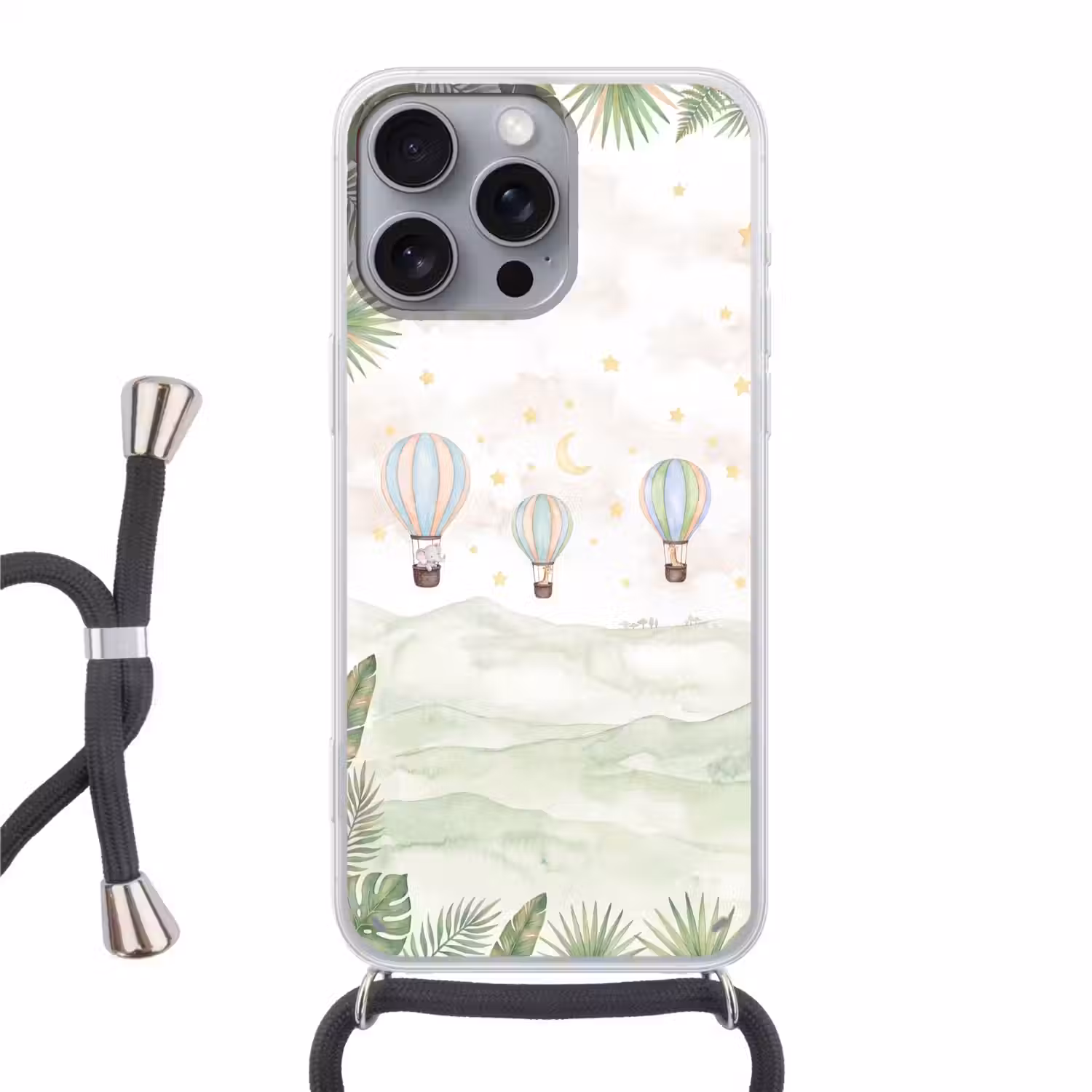 Aquarel - Luchtballonnen - Pastel Hoesje iPhone 16 Pro Max met koord klein -3d