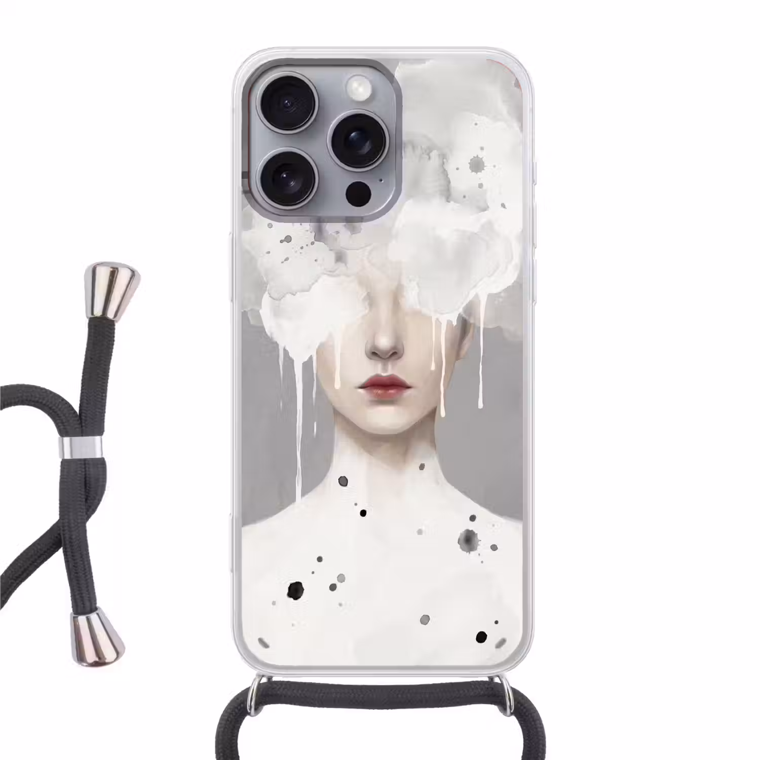 Vrouw - Wolk - Grijs Hoesje iPhone 16 Pro Max met koord klein -3d