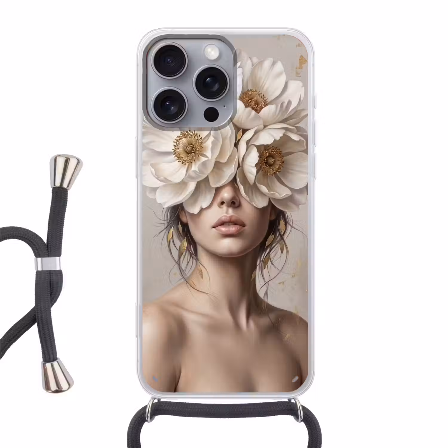 Vrouw - Pioenroos - Wit Hoesje iPhone 16 Pro Max met koord klein -3d