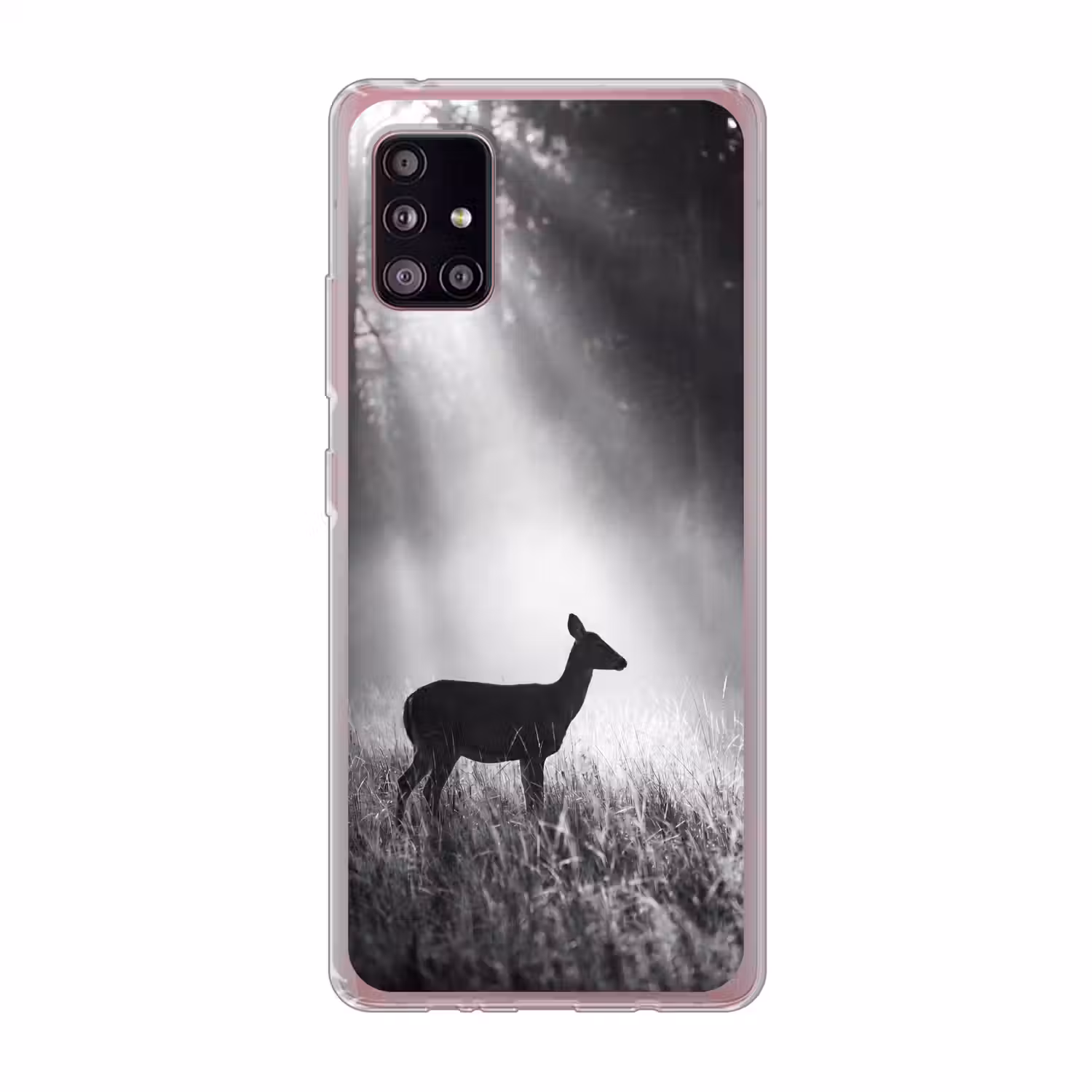 Hert - Bos - Zonnestralen - Zwart-wit - Natuur Telefoonhoesje Samsung Galaxy A51 5G klein -3d