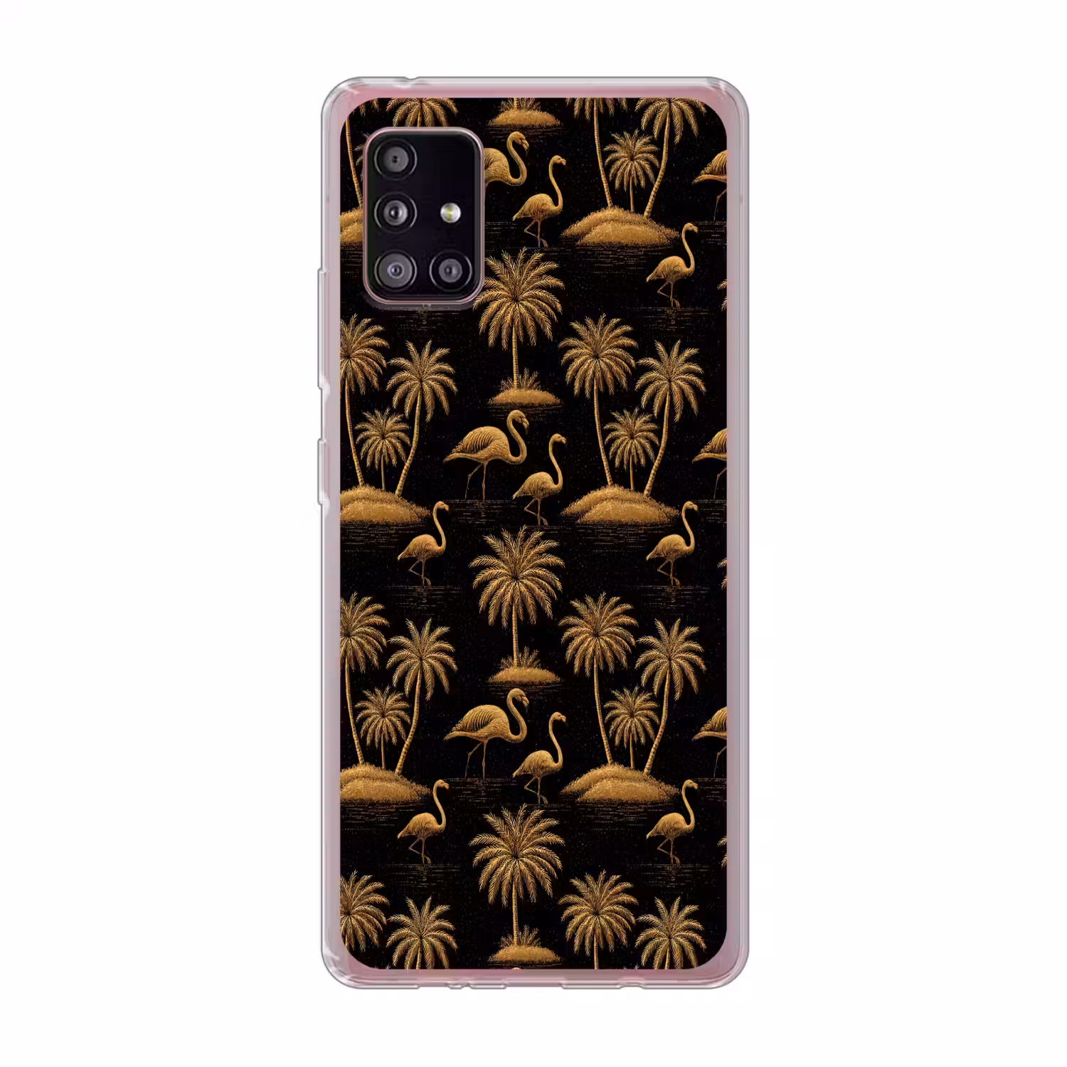 Flamingo - Palmbomen - Tropisch - Goud - Zwart Telefoonhoesje Samsung Galaxy A51 5G klein 373 -3d