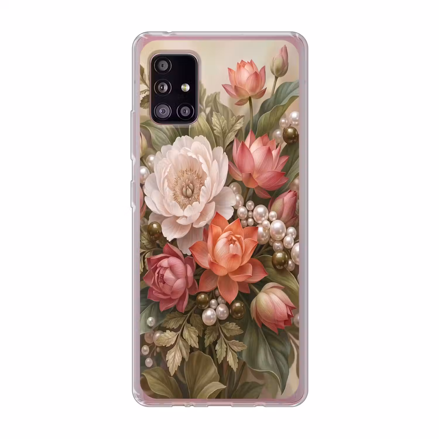 Bloemen - Parels - Elegant - Roze - Wit Telefoonhoesje Samsung Galaxy A51 5G klein -3d