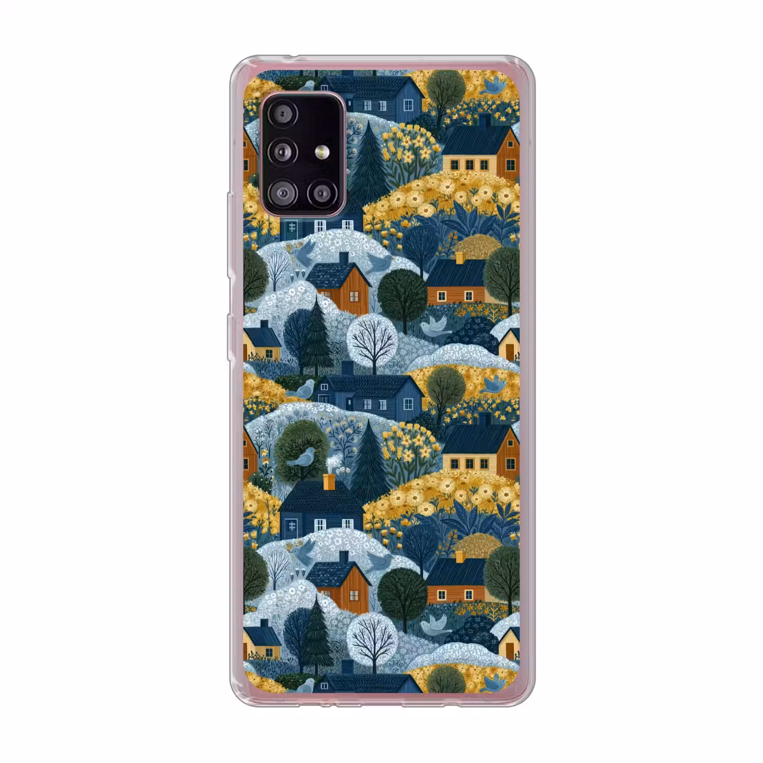 Huisjes - Bloemen - Patroon - Geel - Blauw Telefoonhoesje Samsung Galaxy A51 5G klein 373 -3d