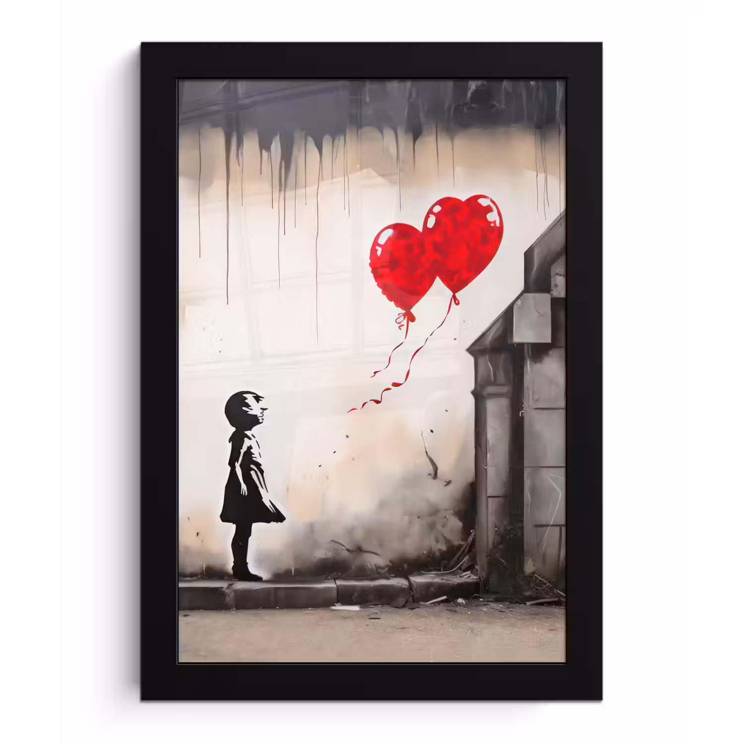 Kunst - Meisje - Ballonnen - Hart - Grijs fotolijst zwart zonder passe partout klein -3d