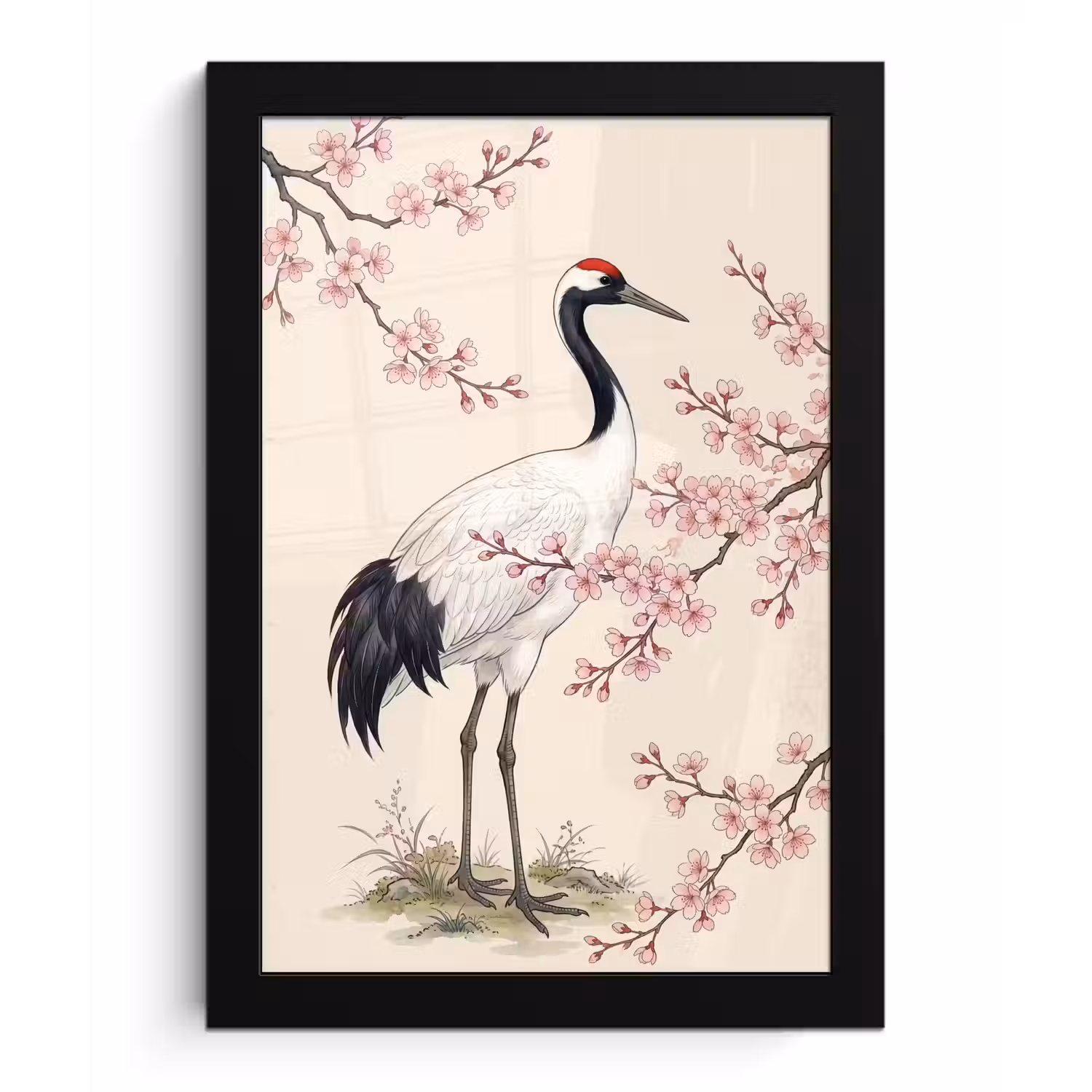 Aziatisch - Kraanvogel - Beige fotolijst zwart zonder passe partout klein -3d