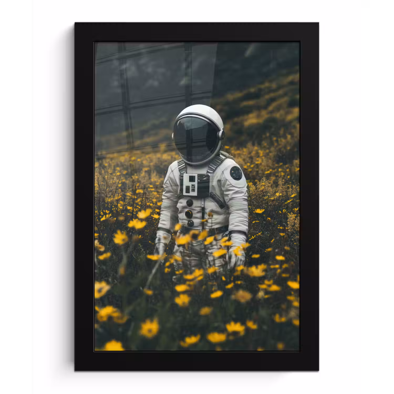 Astronaut - Bloemen - Veld - Geel fotolijst zwart zonder passe partout klein -3d