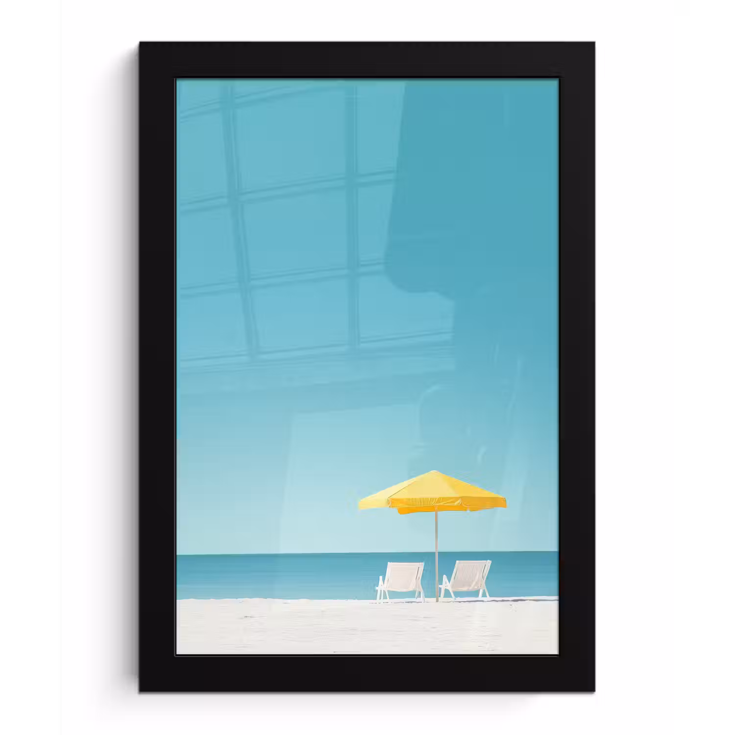 Strand - Blauwe lucht - Geel - Parasol fotolijst zwart zonder passe partout klein -3d