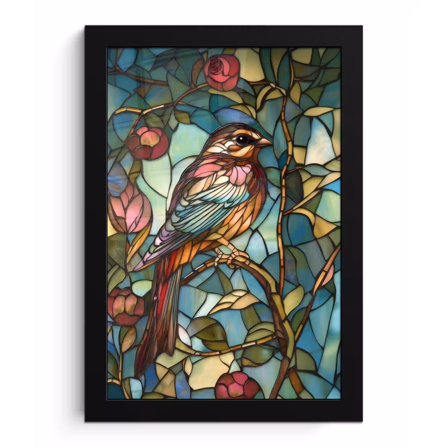 Vogel - Tak - Rozen - Mozaïek fotolijst zwart zonder passe partout klein -3d