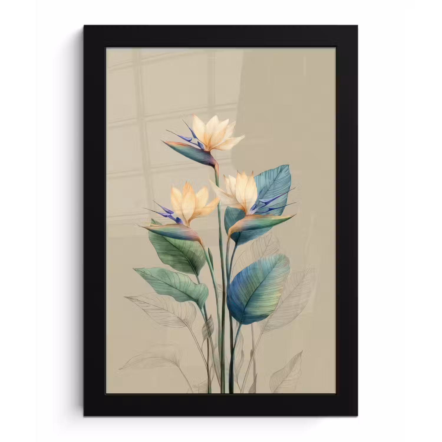 Paradijsvogelbloemen - Blauwgroene bladeren - Beige fotolijst zwart zonder passe partout klein -3d