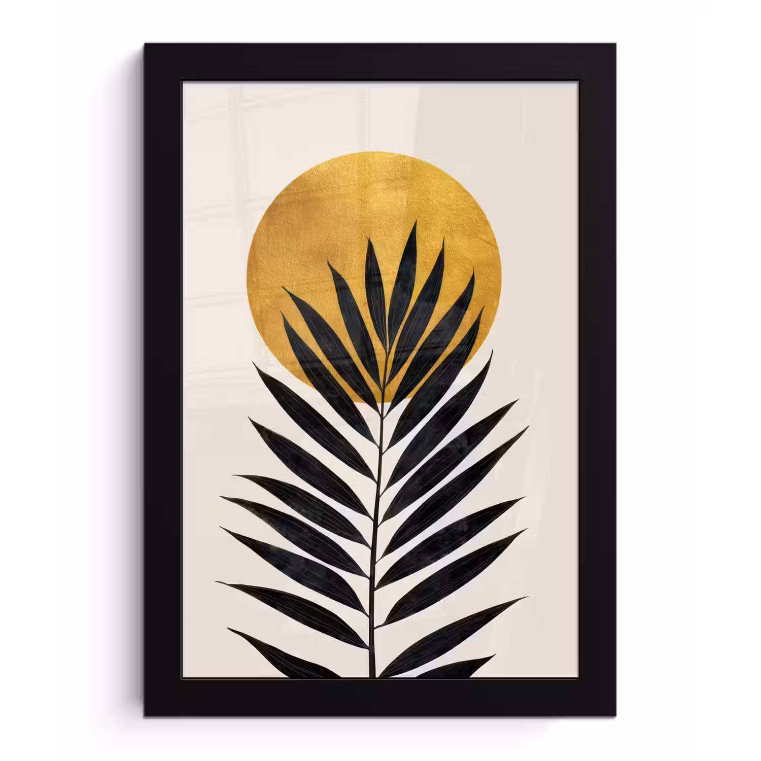 Zwart palmblad - Gouden cirkel - Beige achtergrond fotolijst zwart zonder passe partout klein -3d
