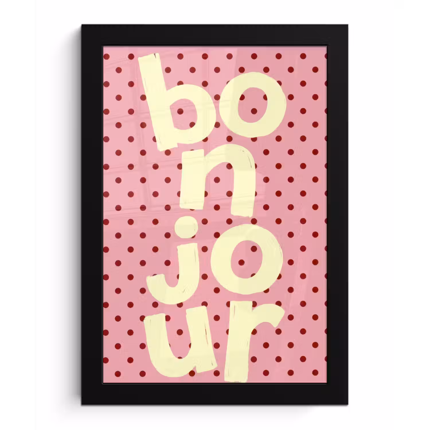 Bonjour - Stippen - Roze- Geel fotolijst zwart zonder passe partout klein -3d