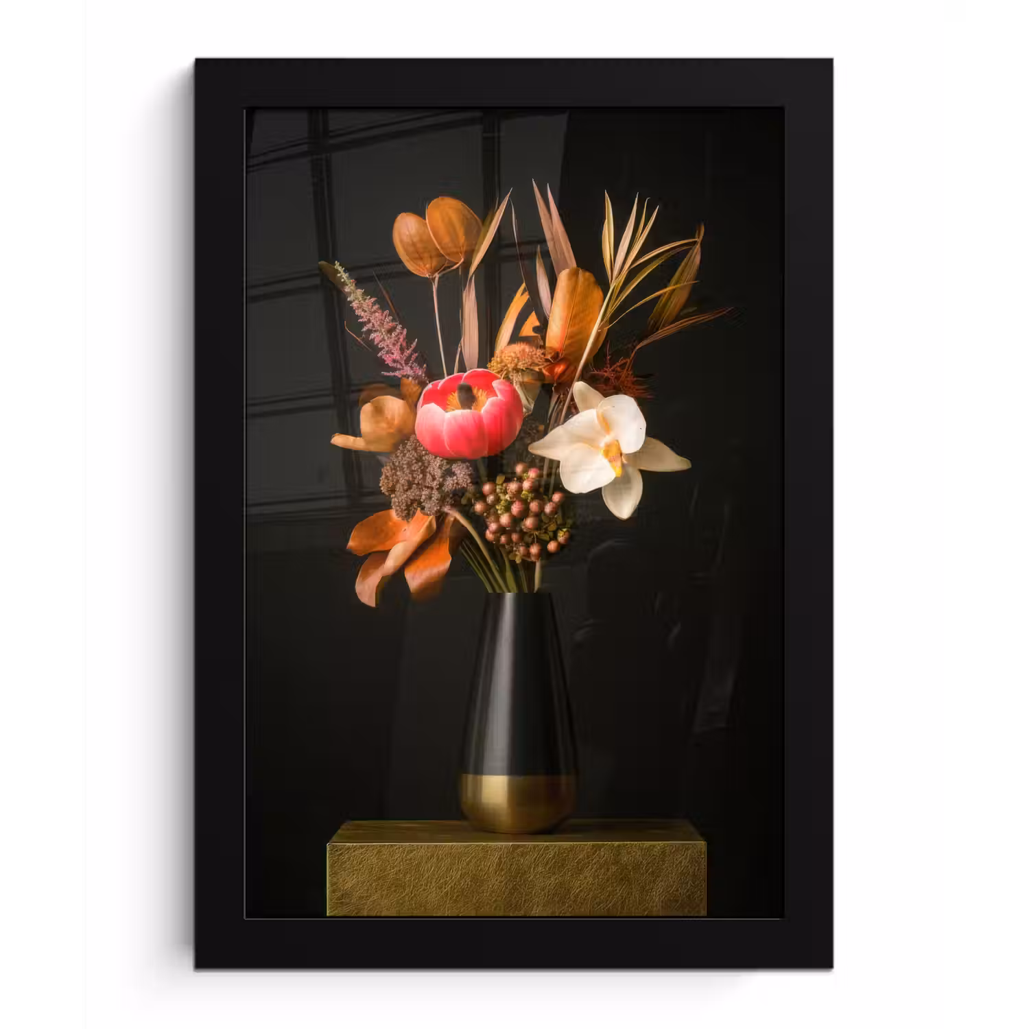 Boeket - Oranje - Gouden - vaas fotolijst zwart zonder passe partout klein -3d