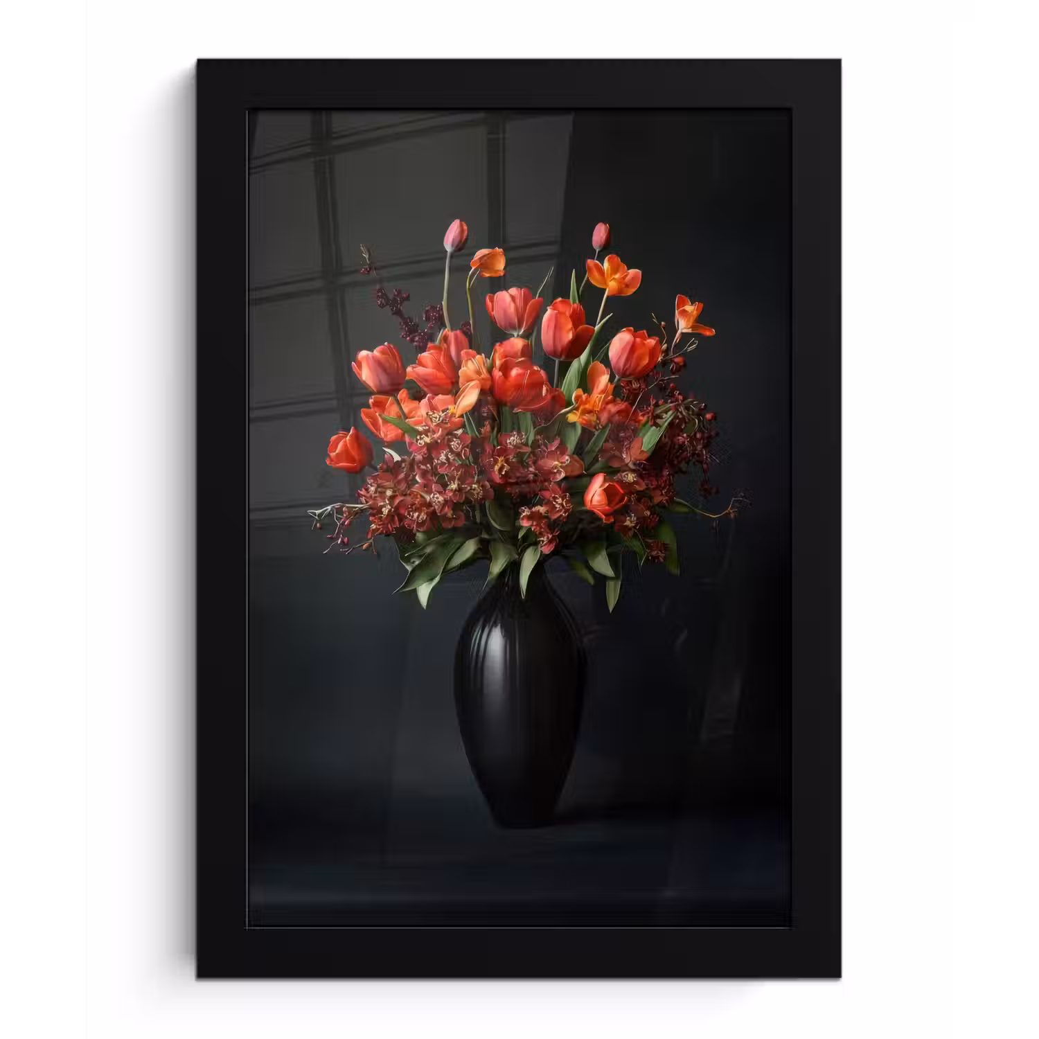 Boeket - Tulpen - Vaas - Rood fotolijst zwart zonder passe partout klein -3d