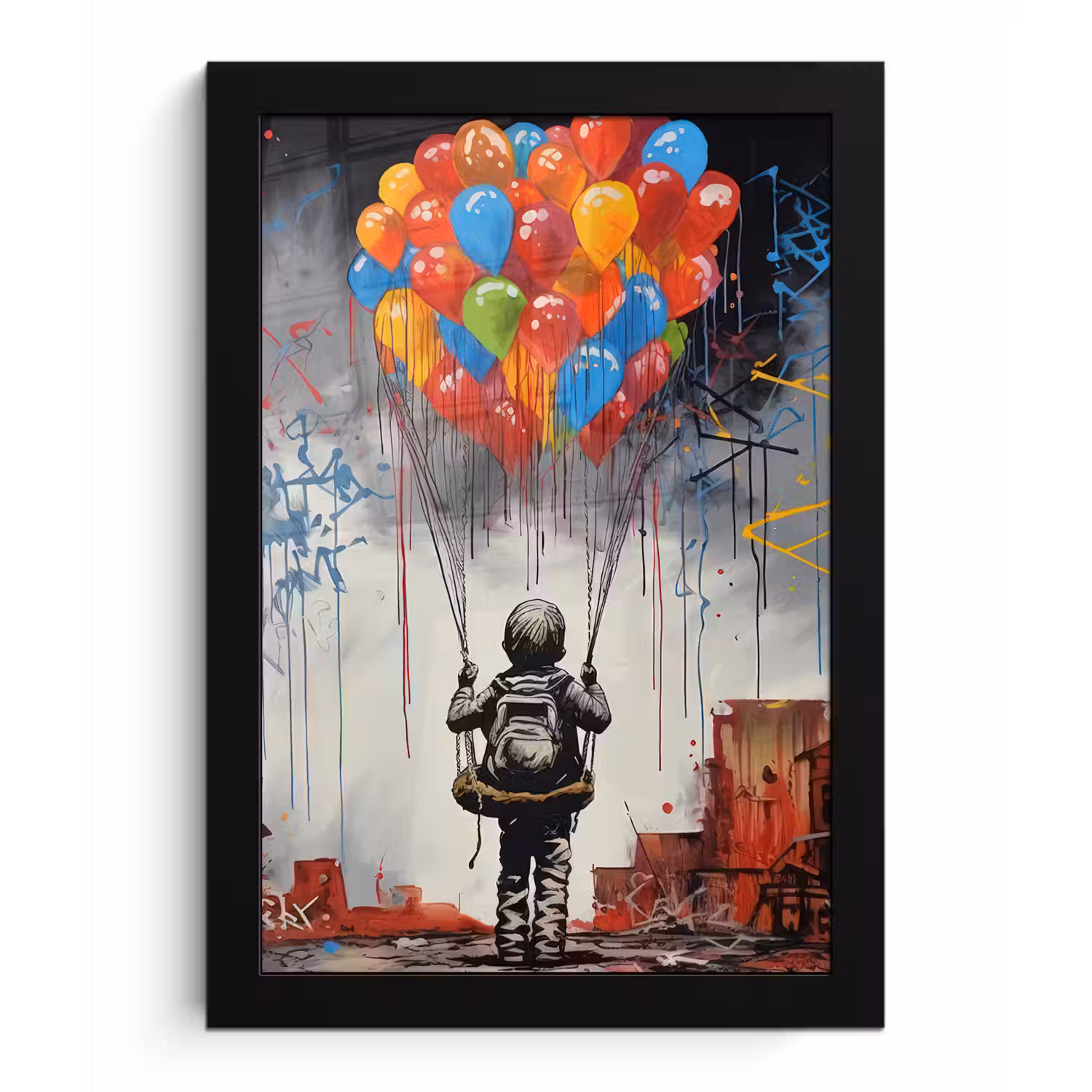 Jongen - Ballonnen - Gebouwen - Kunst fotolijst zwart zonder passe partout klein -3d
