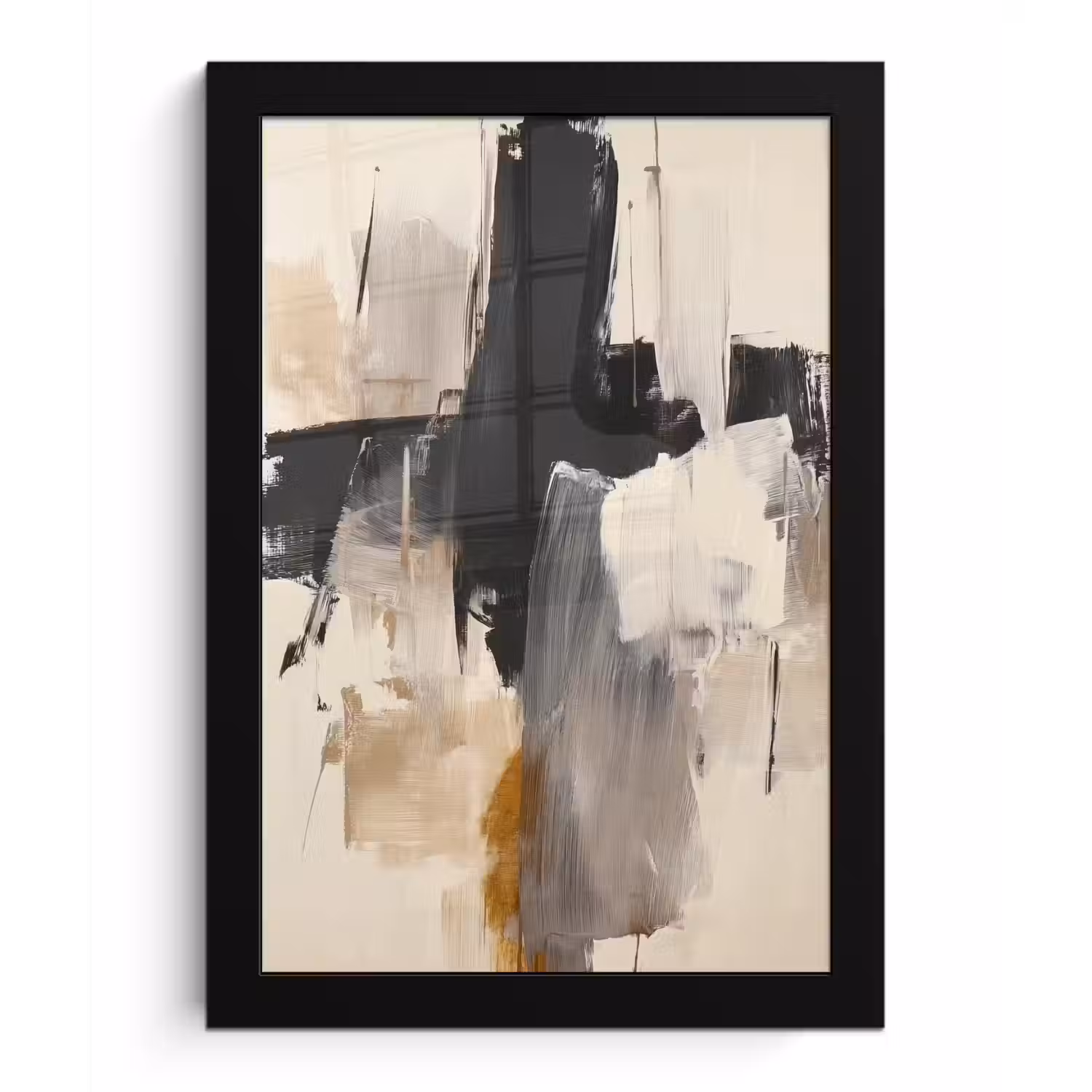 Penseelstreken - Ruw - Abstract - Beige fotolijst zwart zonder passe partout klein -3d