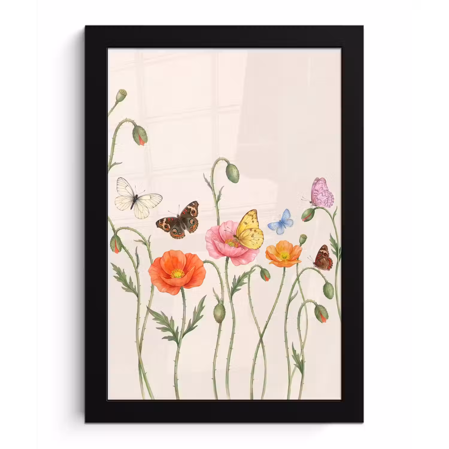 Vlinders - Klaprozen - Illustratie - Kleurrijk fotolijst zwart zonder passe partout klein -3d