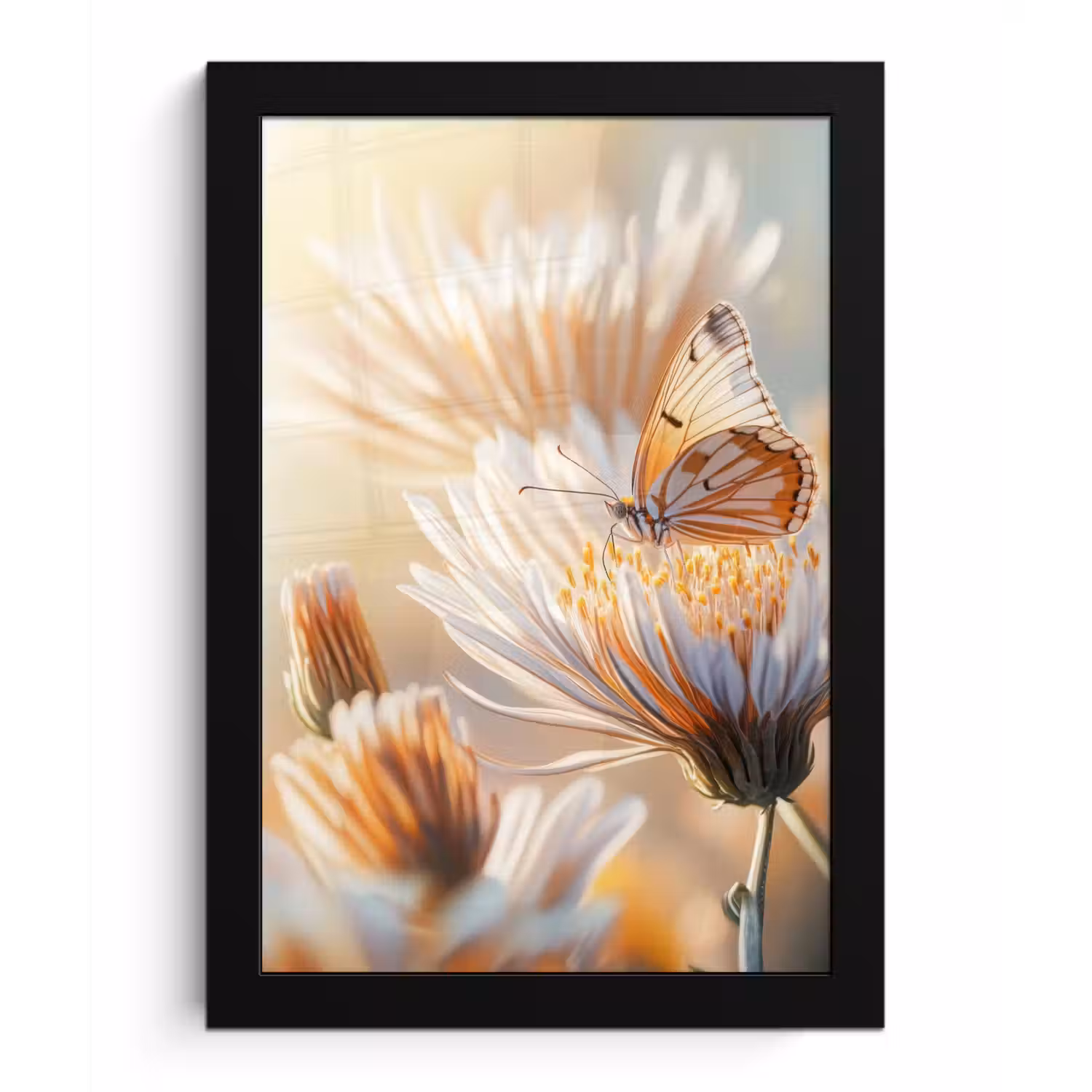 Vlinder - Bloem - Oranje fotolijst zwart zonder passe partout klein -3d
