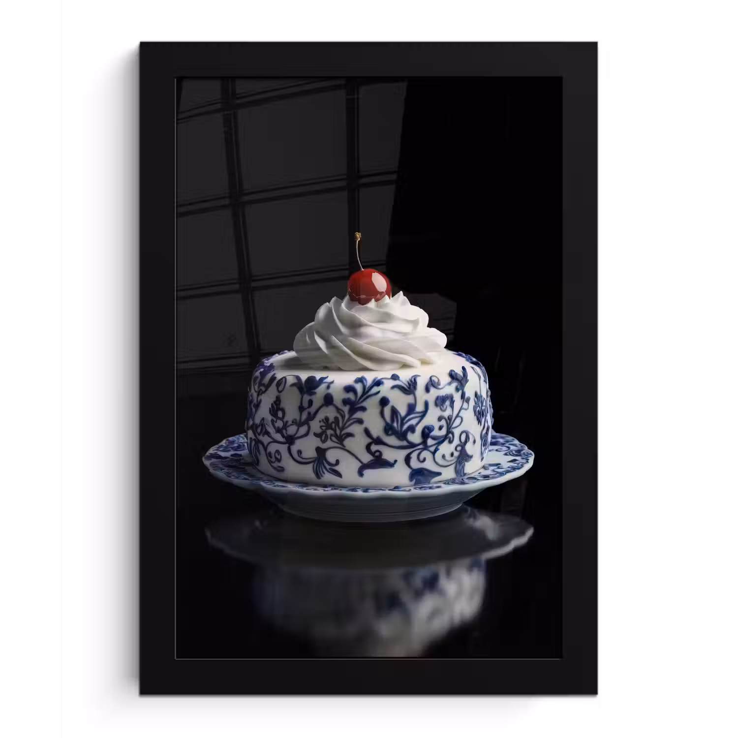 Taart - Slagroom - Kers - Bord - Delfts blauw fotolijst zwart zonder passe partout klein -3d