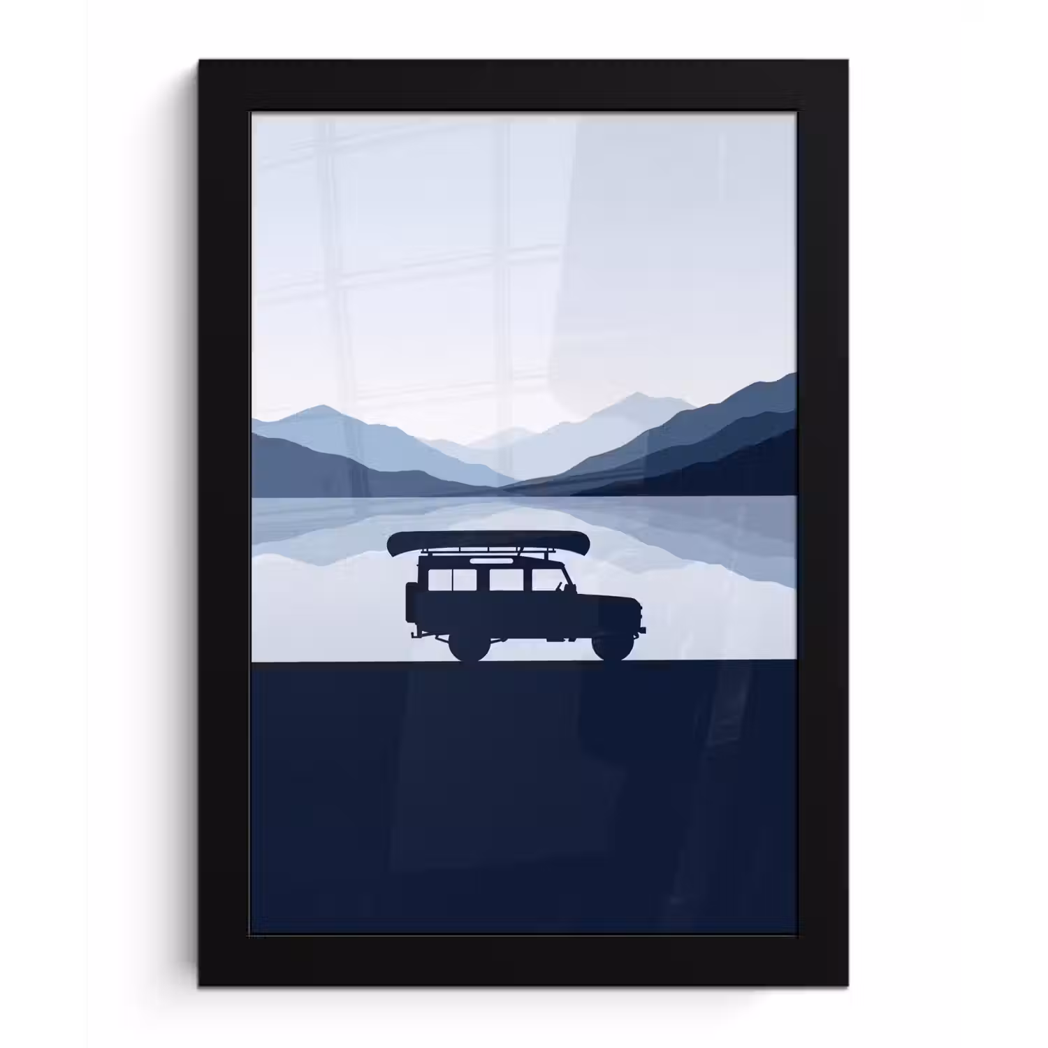 Auto - Meer - Bergen - Blauw fotolijst zwart zonder passe partout klein -3d