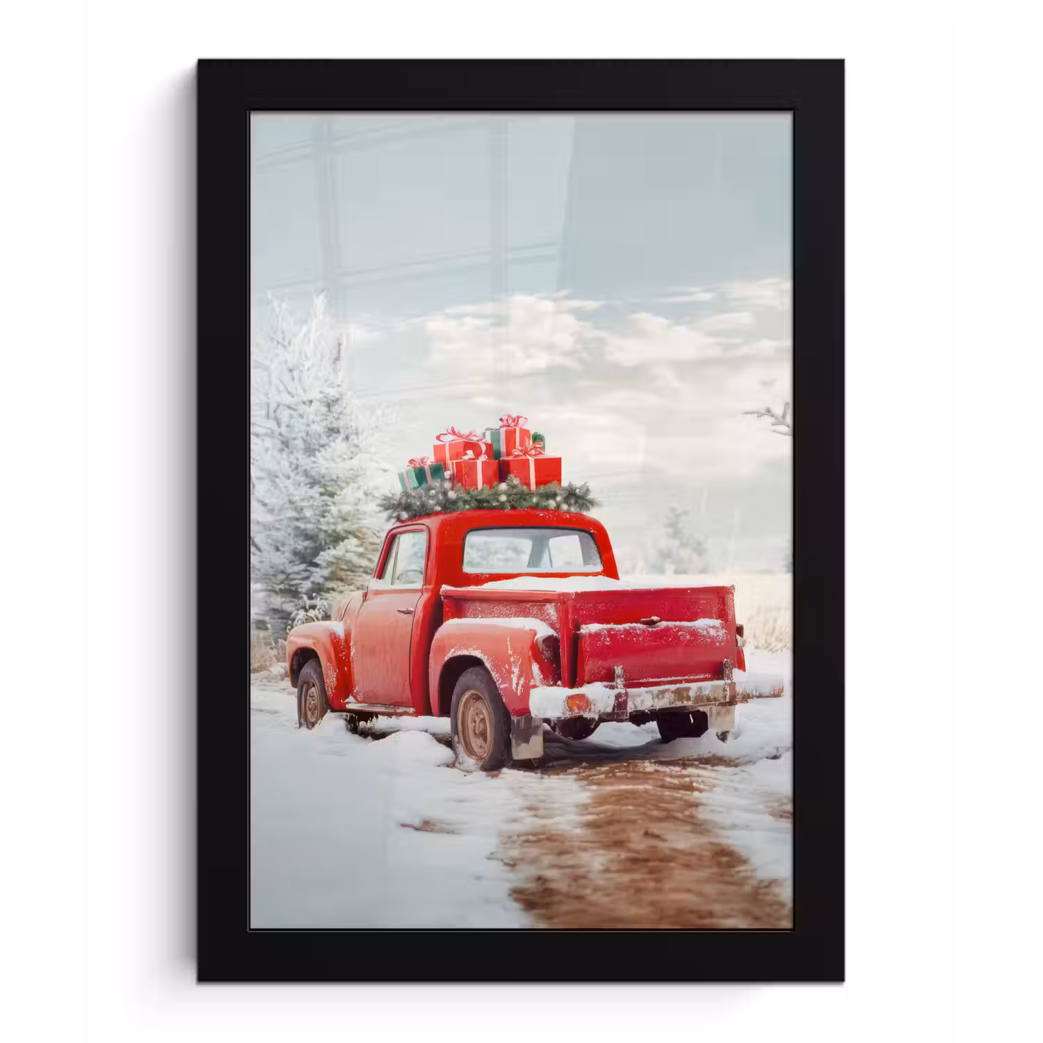 Auto - Rood - Cadeaus - Winter - Sneeuw - Kerst fotolijst zwart zonder passe partout klein -3d