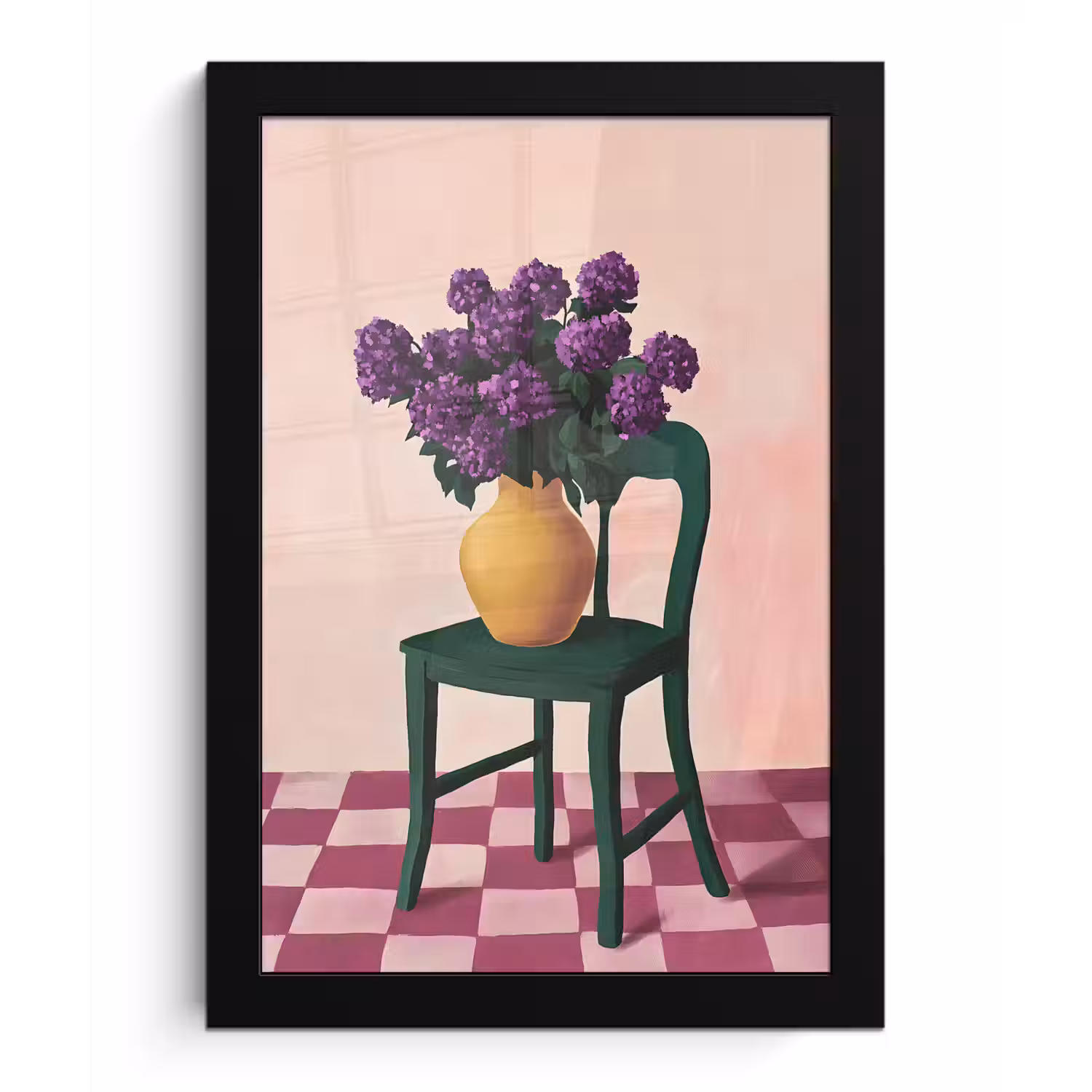 Stoel - Vaas - Bloemen - Geblokt fotolijst zwart zonder passe partout klein -3d