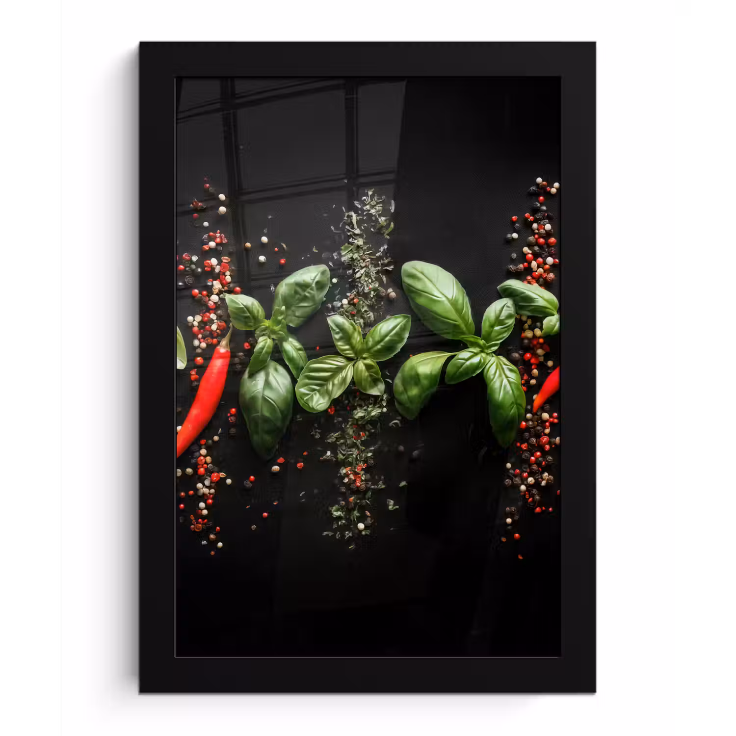 Chilipepers - Basilicum - Blaadjes - Rood fotolijst zwart zonder passe partout klein -3d