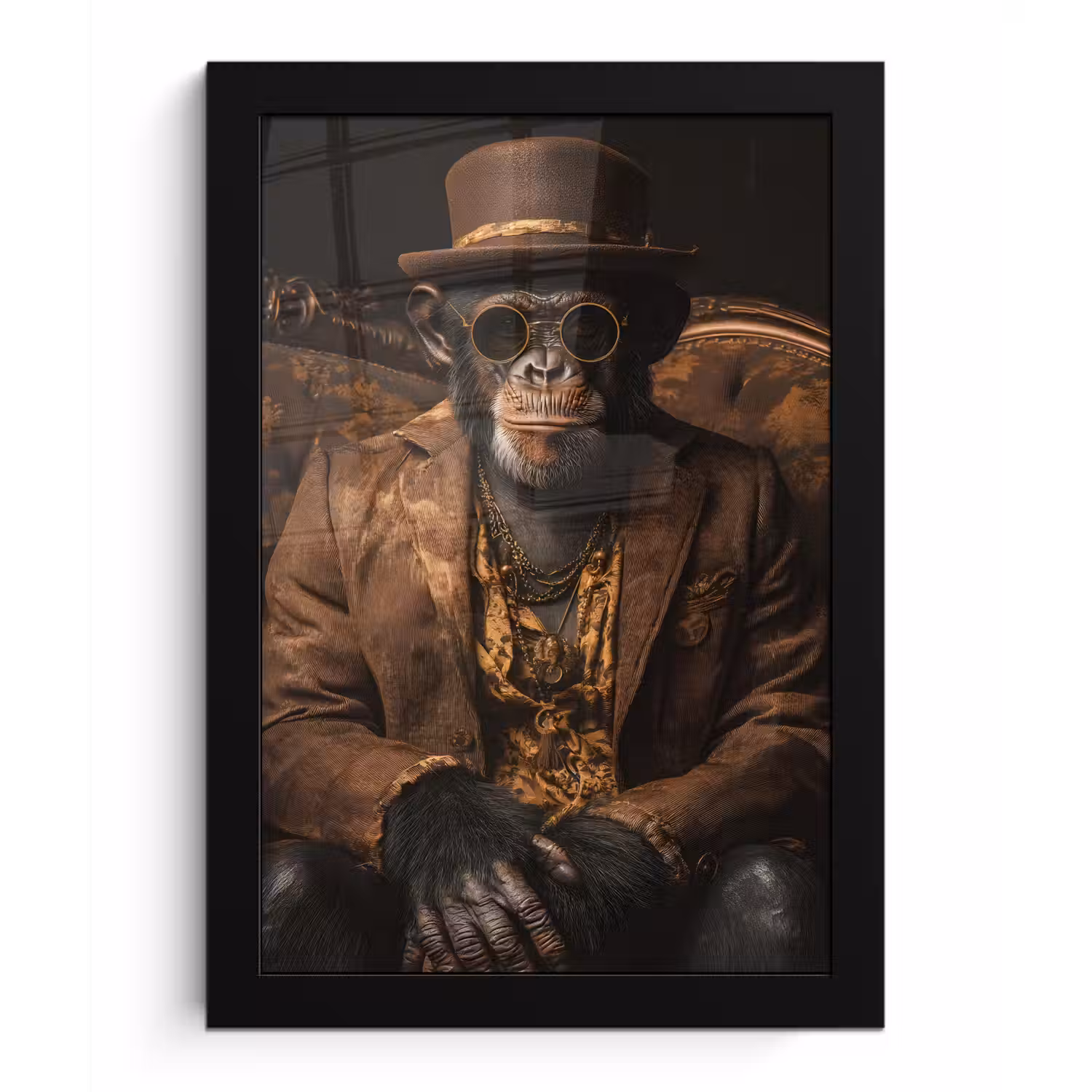 Chimpansee - Stoel - Pak - Bruin fotolijst zwart zonder passe partout klein -3d
