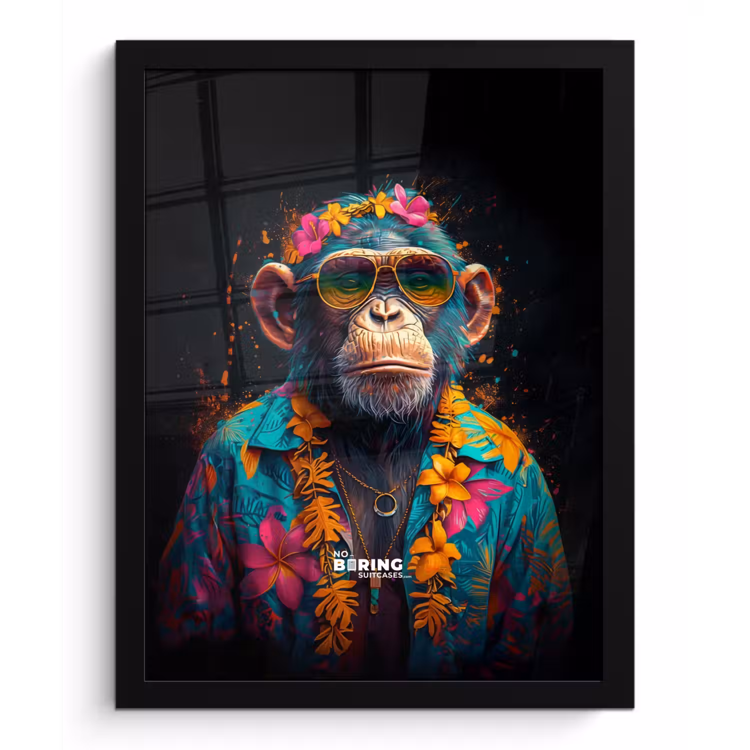 Chimpansee met Hawaii blouse fotolijst zwart zonder passe partout klein -3d