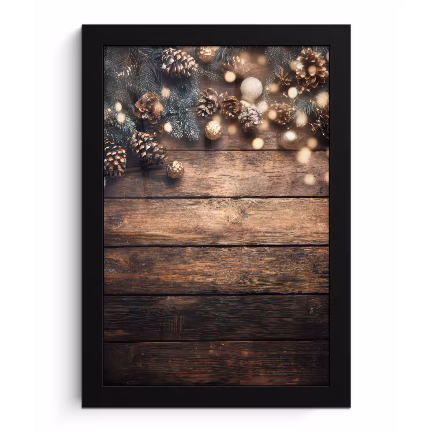 Kerstdecoratie - Houten - Dennenappel - Bruin fotolijst zwart zonder passe partout klein -3d