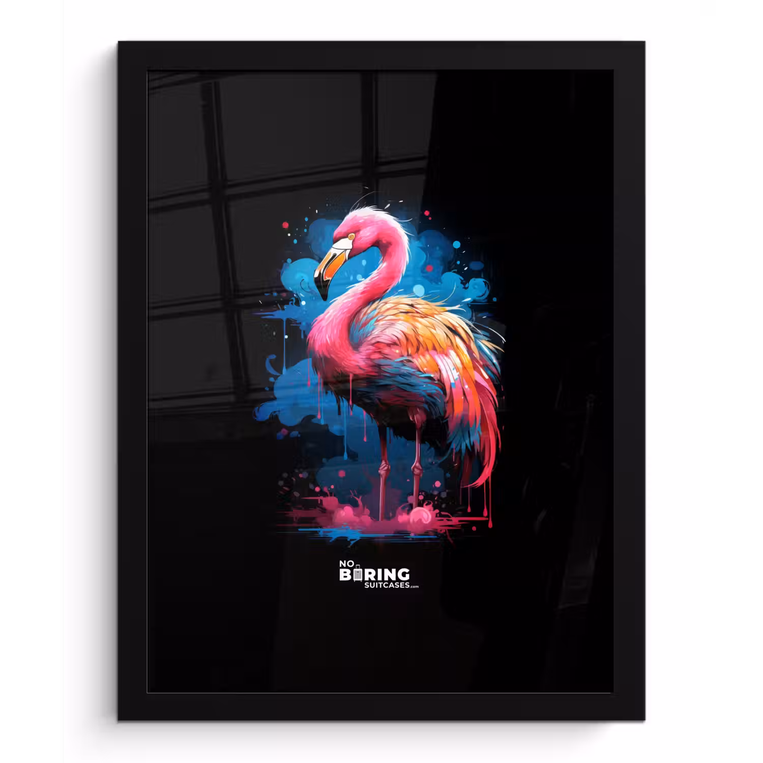Gekleurde flamingo voor een verfexplosie fotolijst zwart zonder passe partout klein -3d