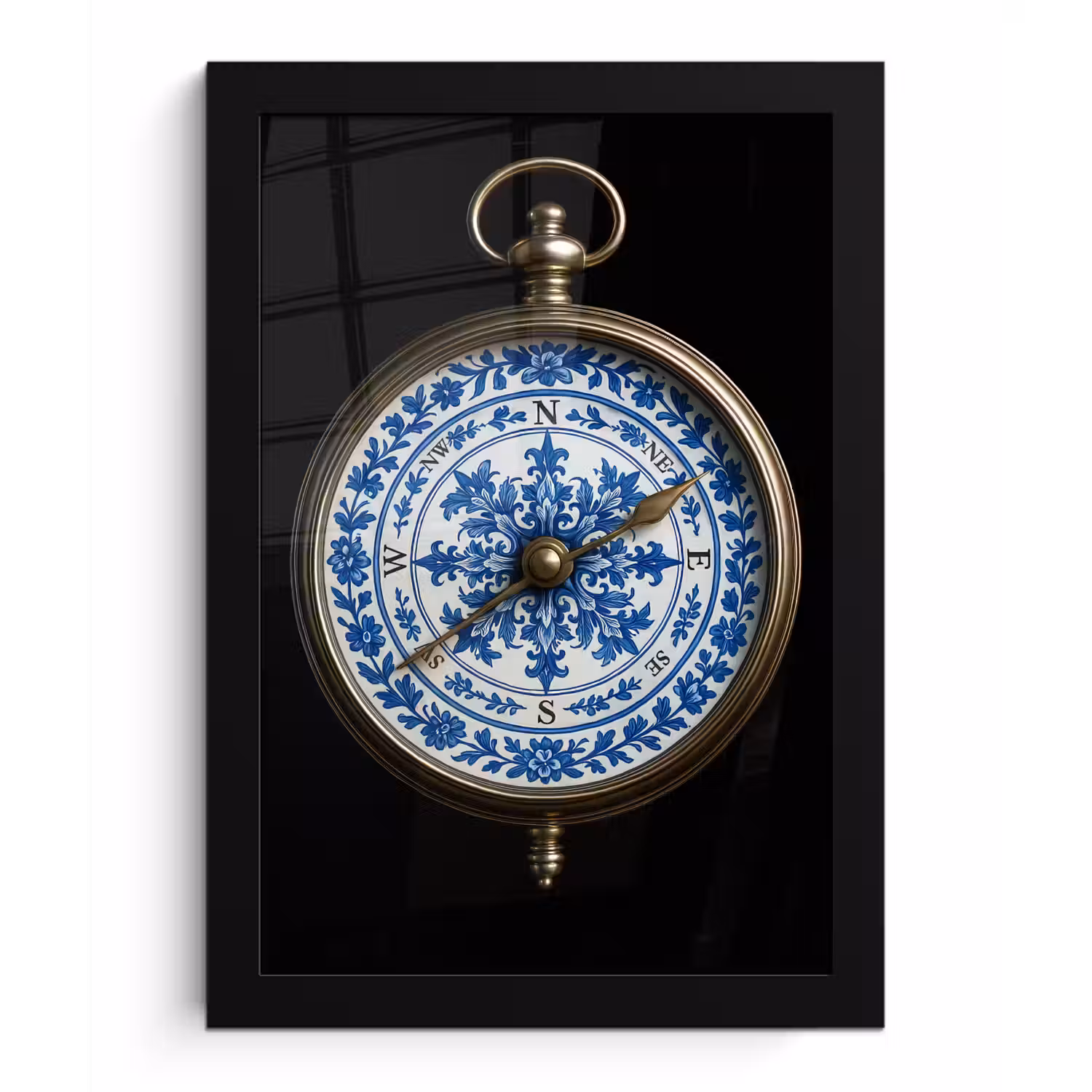 Kompas - Delfts blauw - Zwart fotolijst zwart zonder passe partout klein -3d