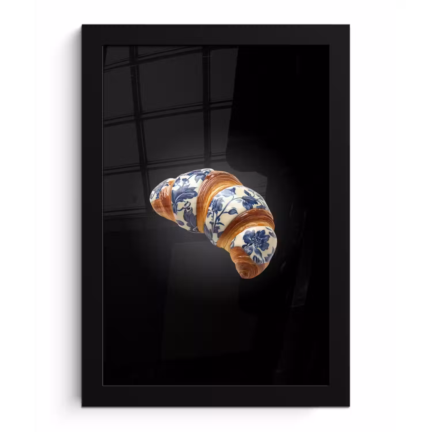 Croissant - Bloemenpatroon - Delftsblauw fotolijst zwart zonder passe partout klein -3d