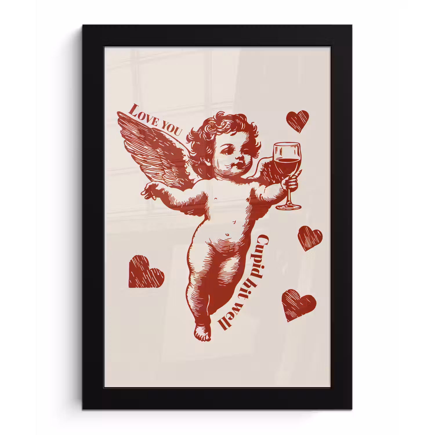 Cupido - Hartjes - Rood - Klassiek fotolijst zwart zonder passe partout klein -3d