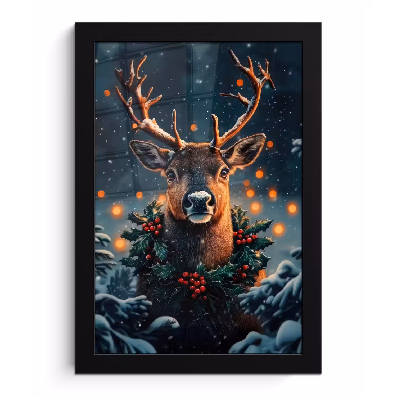 Hert - Kerst - Winter - Sneeuw - Kerstkrans fotolijst zwart zonder passe partout klein -3d