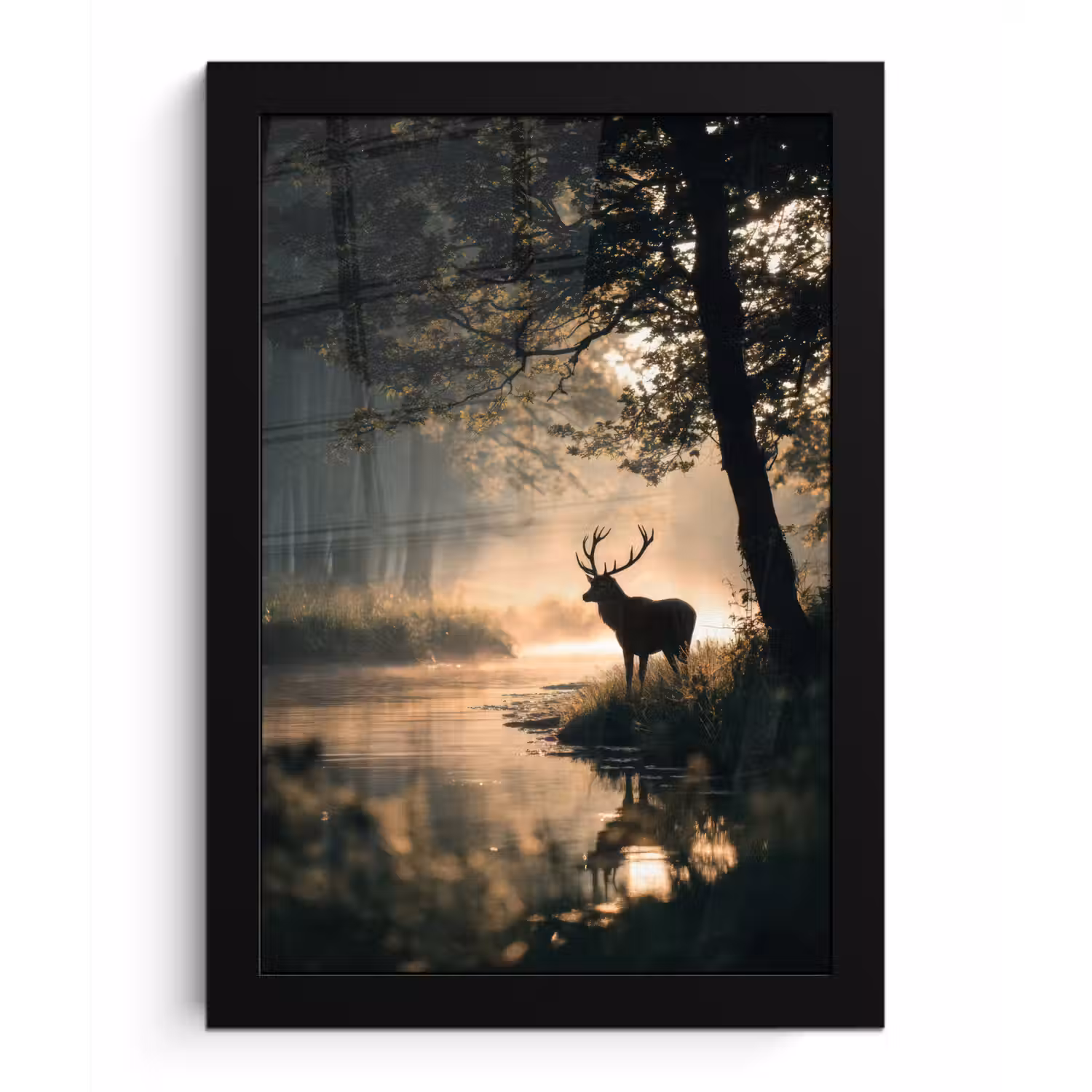 Hert - Bosbeek - Mystiek fotolijst zwart zonder passe partout klein -3d