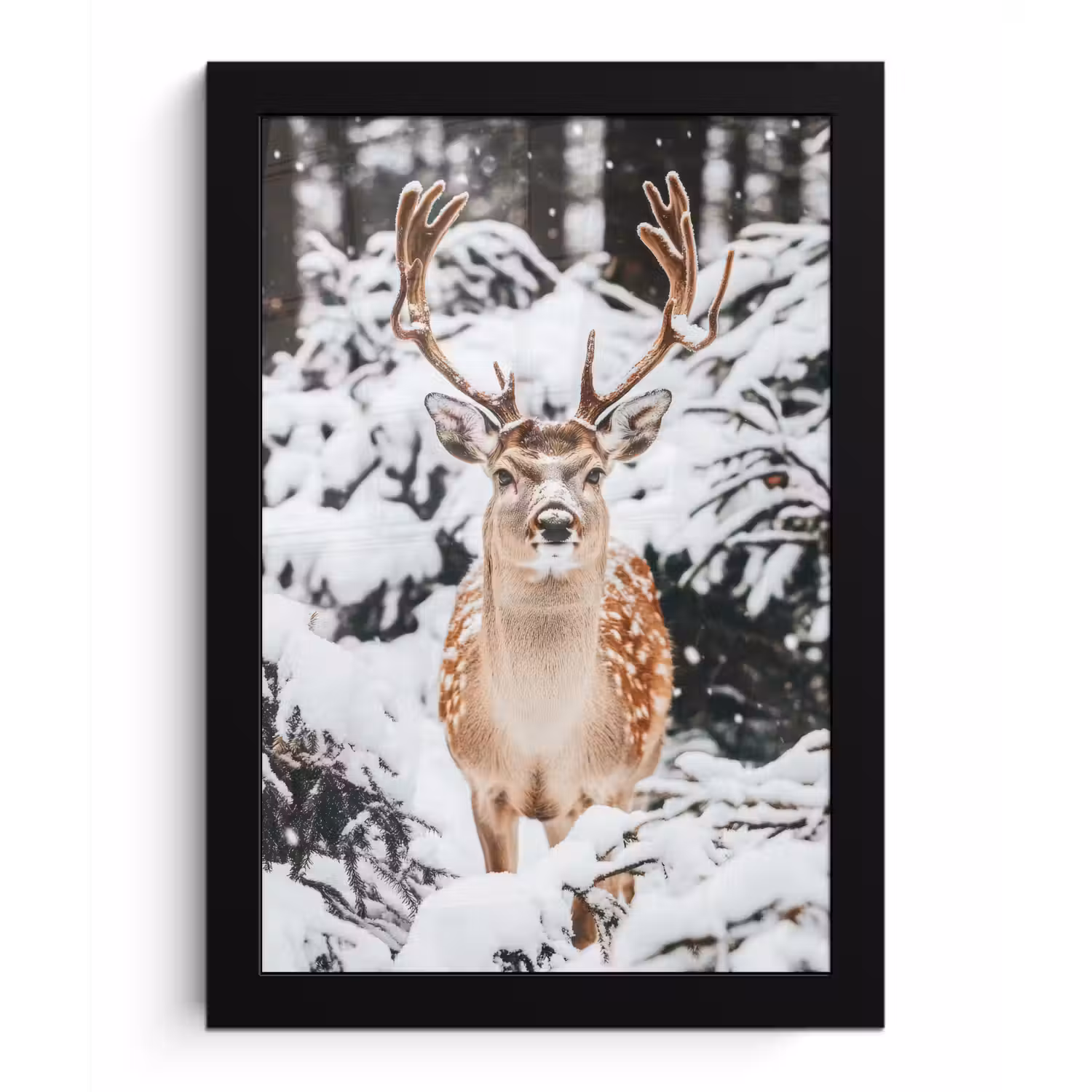 Hert - Sneeuw - Winter - Bos - Dieren fotolijst zwart zonder passe partout klein -3d