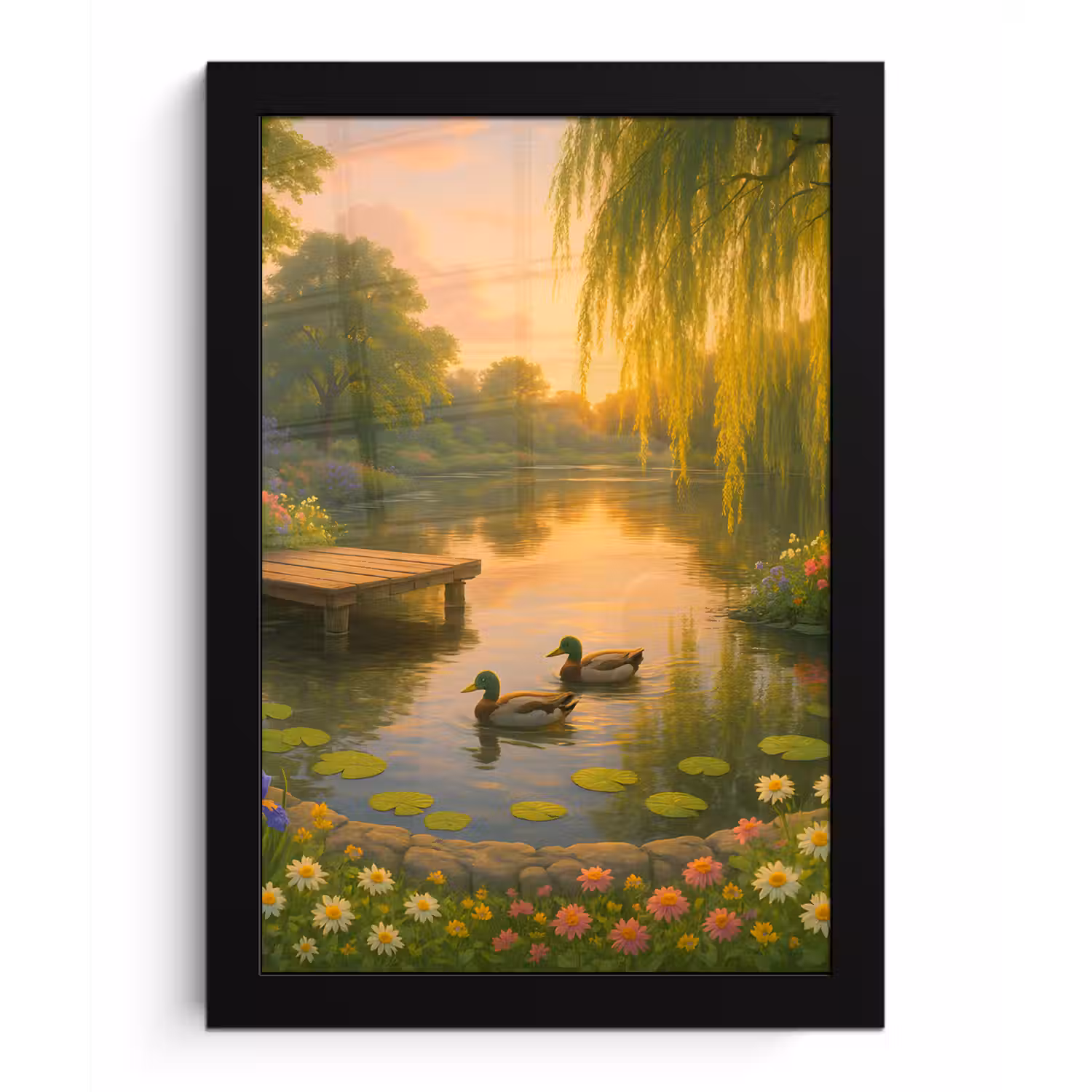 Eenden - Vijver - Bloemen fotolijst zwart zonder passe partout klein -3d