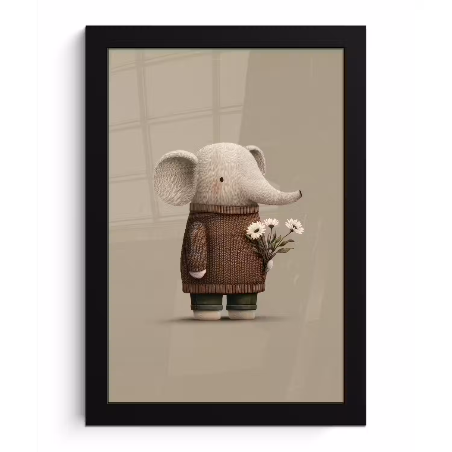 Olifant - Witte bloemen - Kindvriendelijk fotolijst zwart zonder passe partout klein -3d