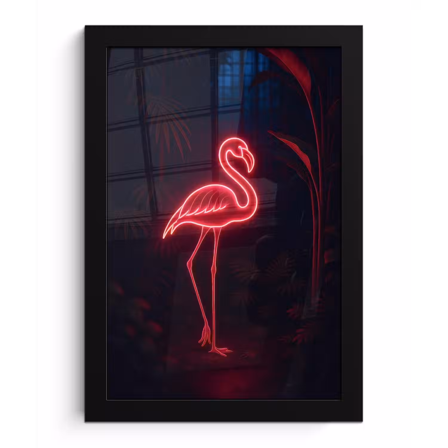 Flamingo - Roze - Neon - Licht fotolijst zwart zonder passe partout klein -3d