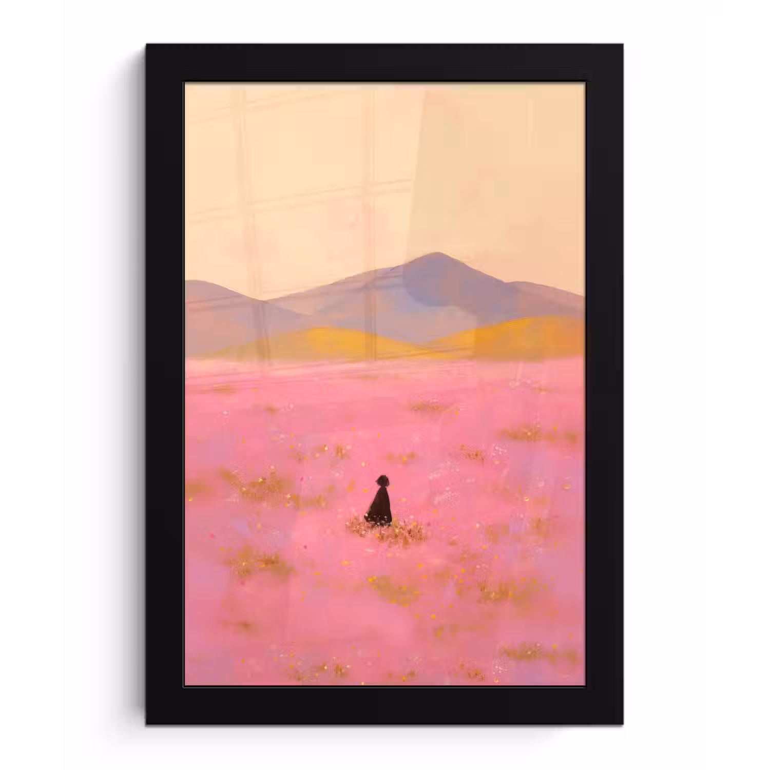 Bloemenweide - Heuvels - Silhouet - Roze fotolijst zwart zonder passe partout klein -3d