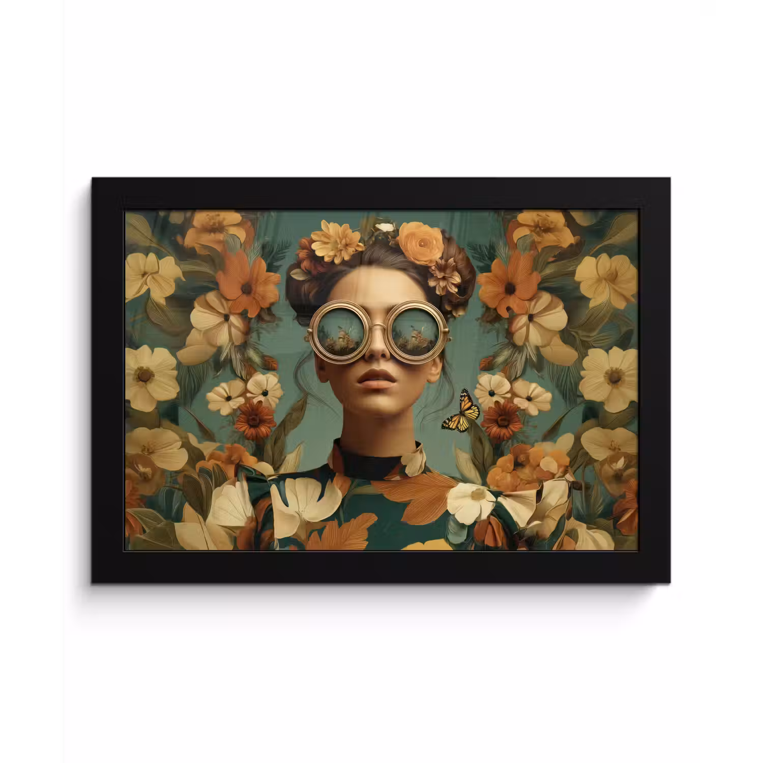 Bloemenkrans - Vrouwengezicht - Zonnebril - Oranje fotolijst zwart zonder passe partout klein -3d
