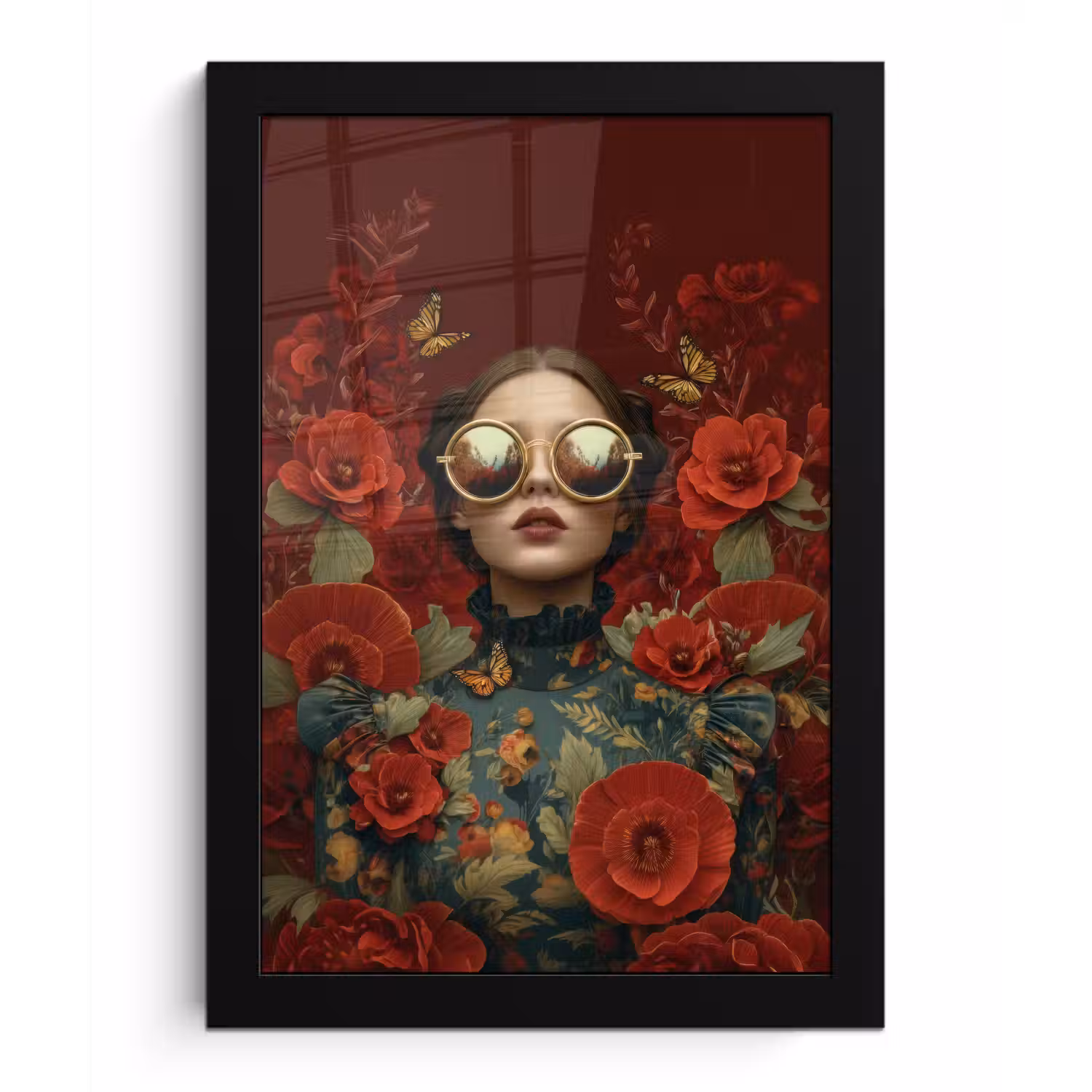 Bloemen - Dieprood - Zonnebril - Vrouw fotolijst zwart zonder passe partout klein -3d