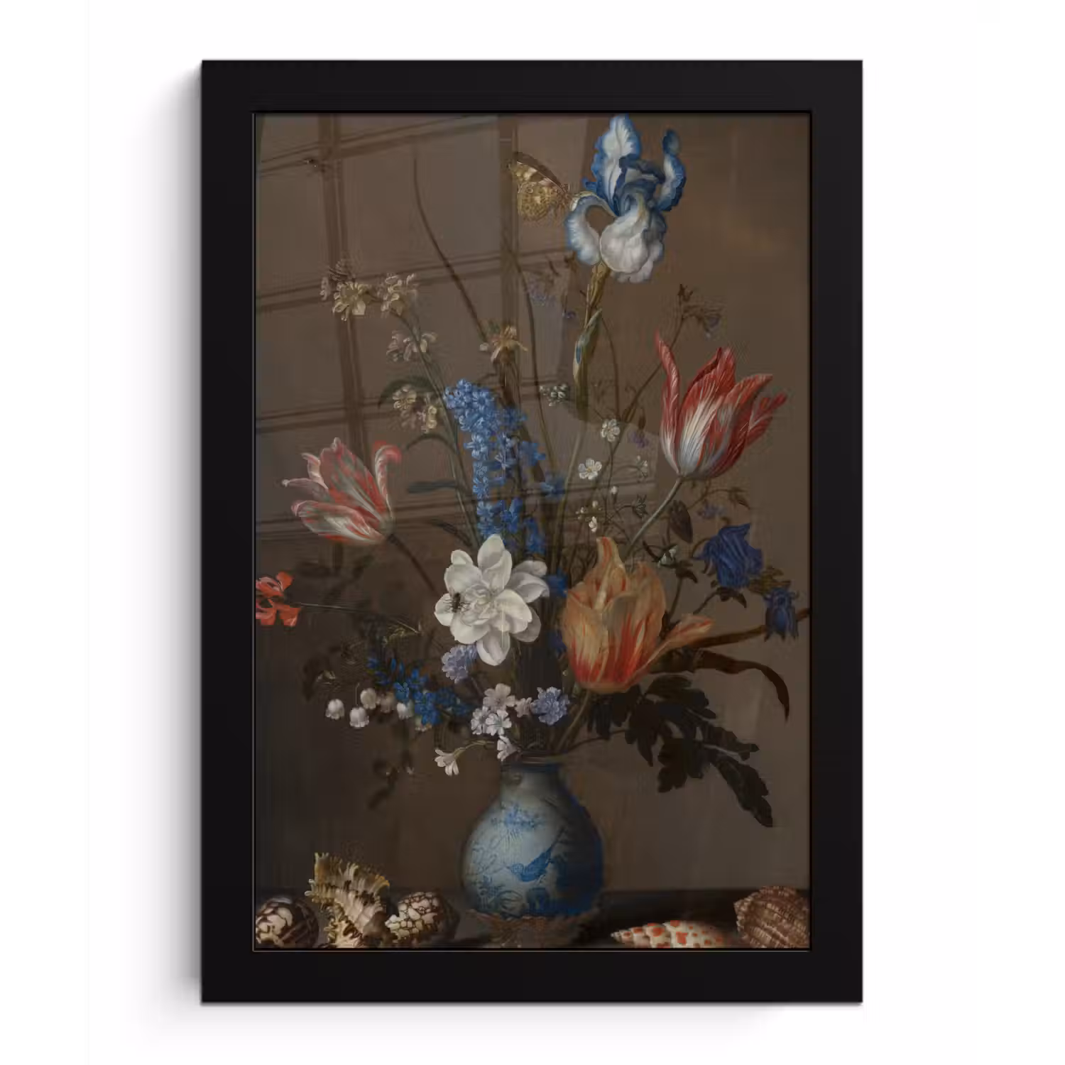 Bloemen in een Wan-Li vaas en schelpen - Schilderij van Balthasar van der Ast fotolijst zwart zonder passe partout klein -3d