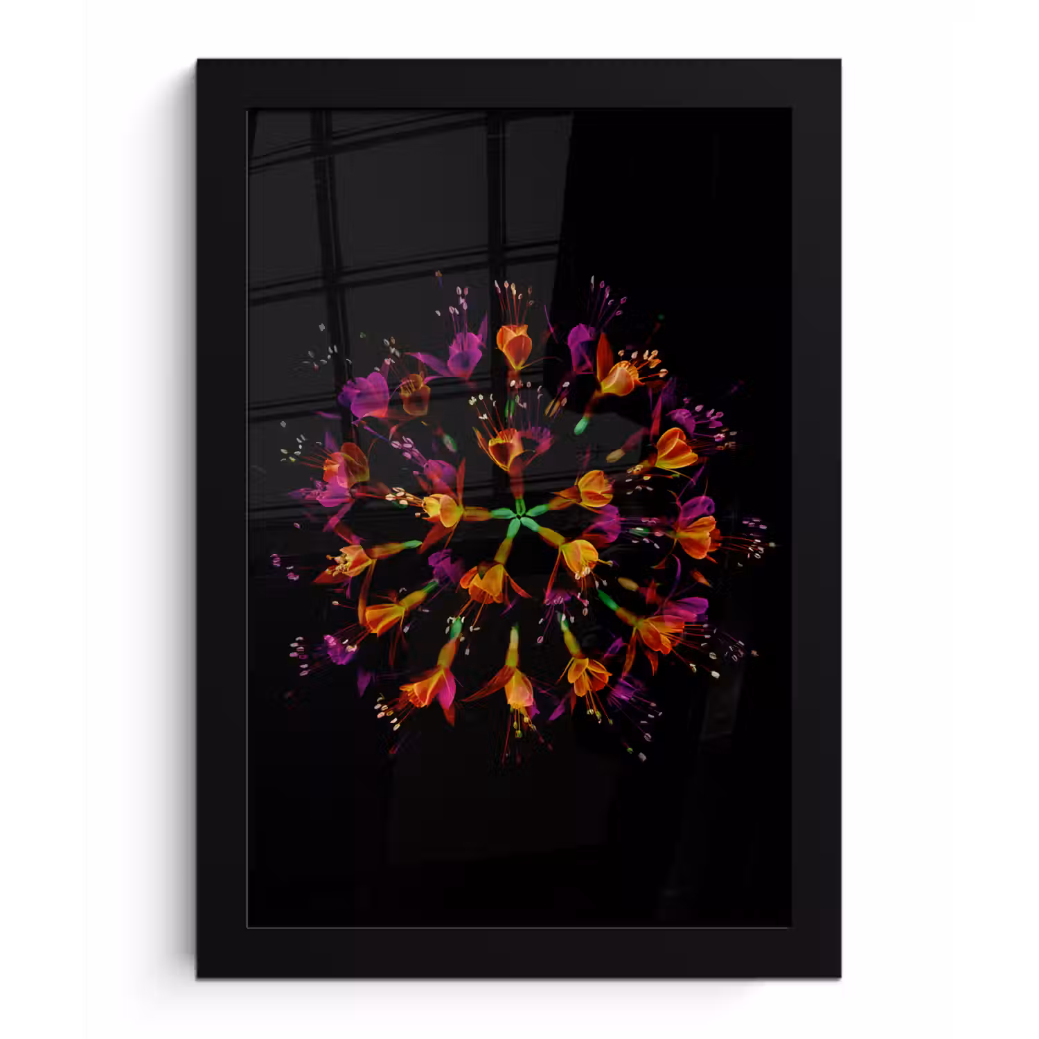 Bloemen - Oranje - Roze - Zwart fotolijst zwart zonder passe partout klein -3d