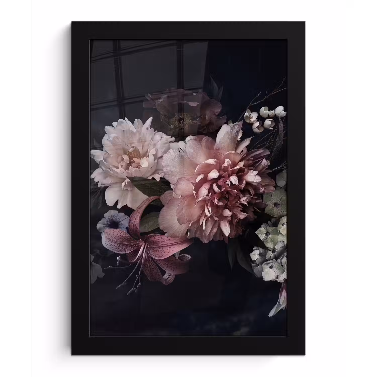 Bloemen - Vintage - Pastel - Zwart - Boeket fotolijst zwart zonder passe partout klein -3d