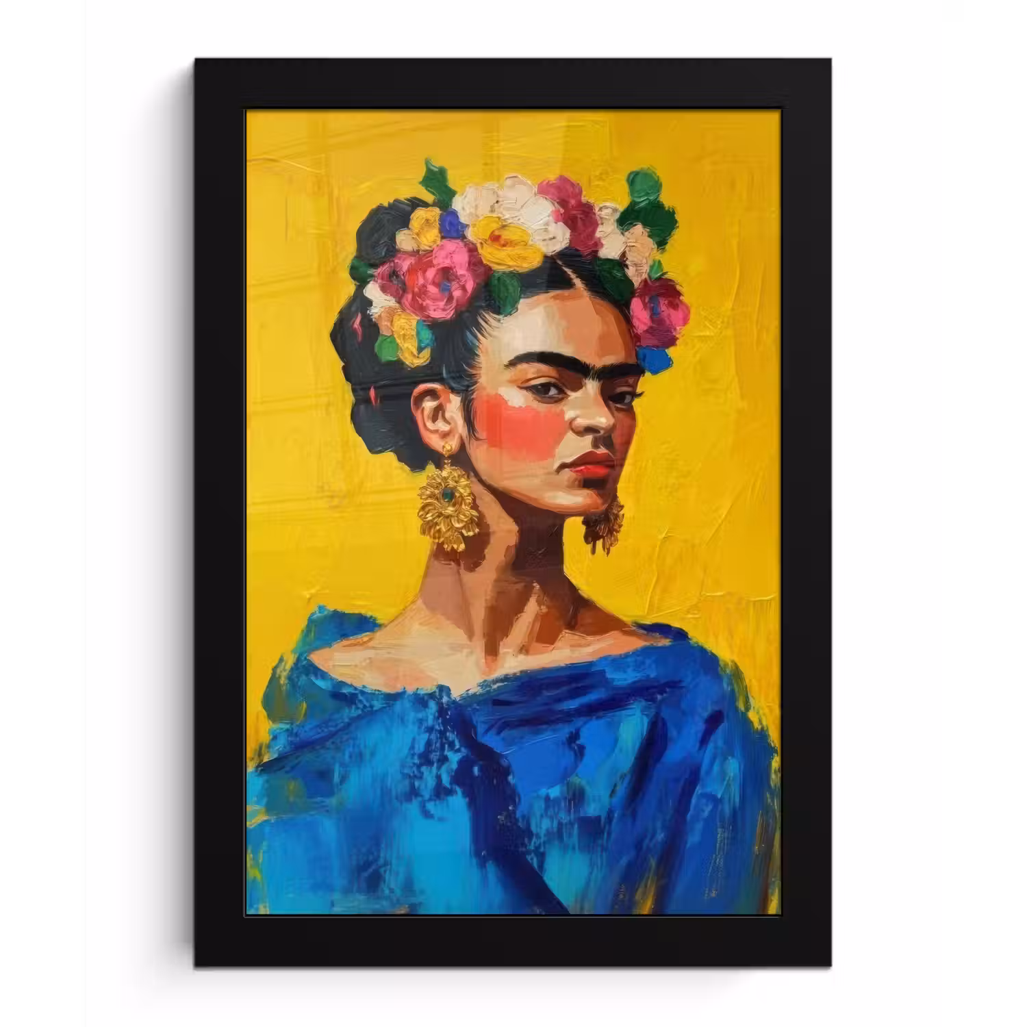 Frida Kahlo - Vrouw - Geel - Blauw - Bloemen fotolijst zwart zonder passe partout klein -3d