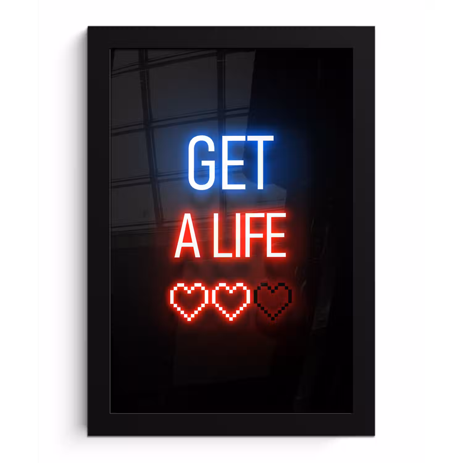 Gaming - Tekst - Get a life - Neon - Zwart fotolijst zwart zonder passe partout klein -3d