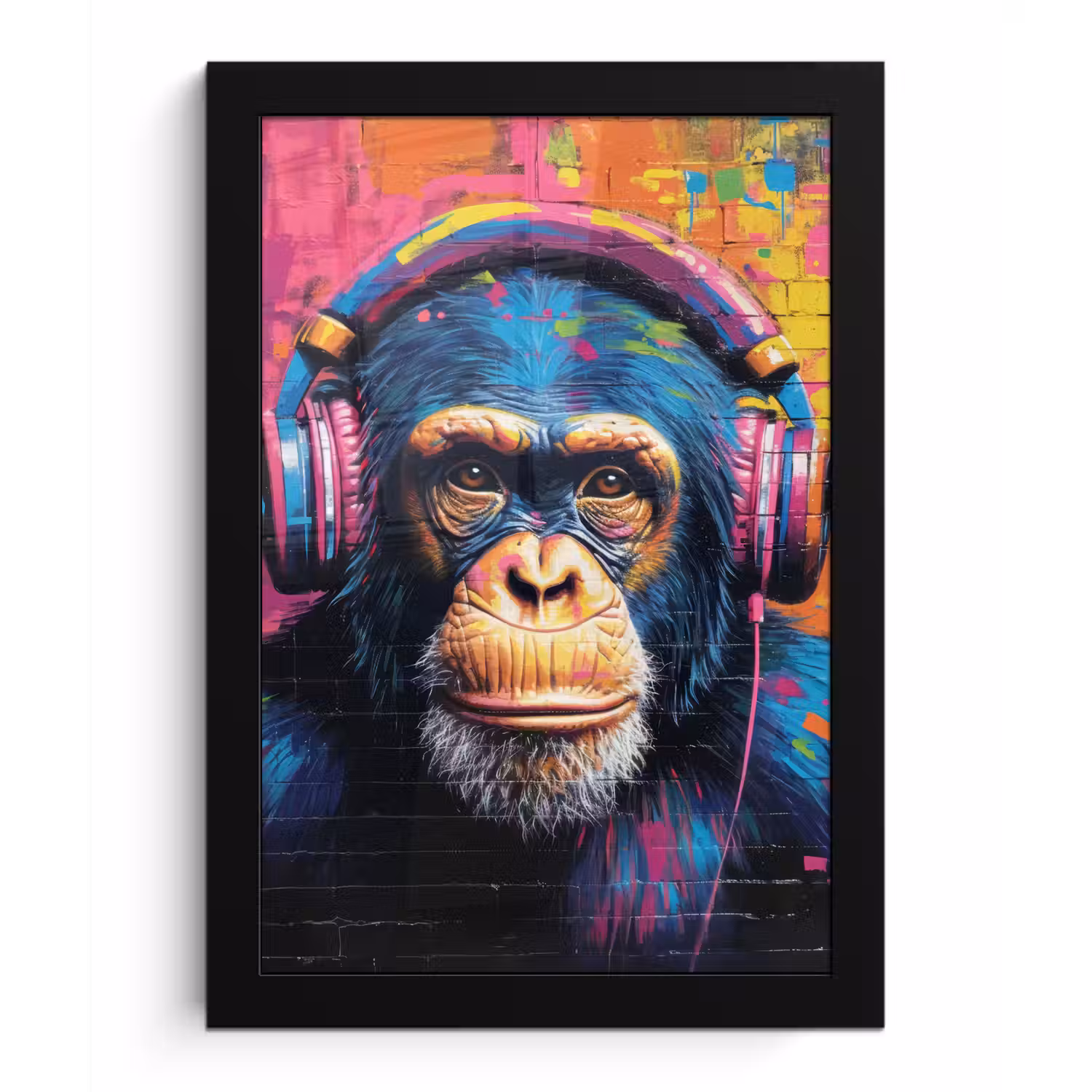 Graffiti - Chimpanzee - Street art - Koptelefoon - Aap fotolijst zwart zonder passe partout klein -3d