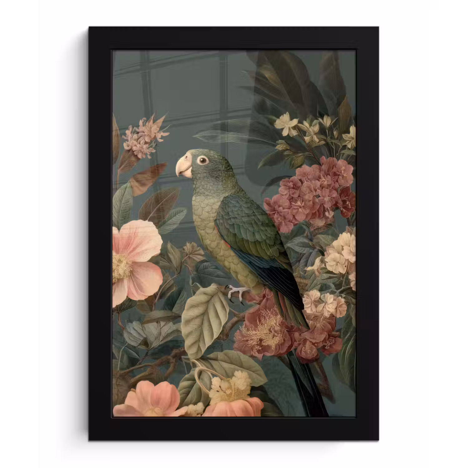 Groene papegaai - Kleurrijke bloemen - Donkere achtergrond fotolijst zwart zonder passe partout klein -3d